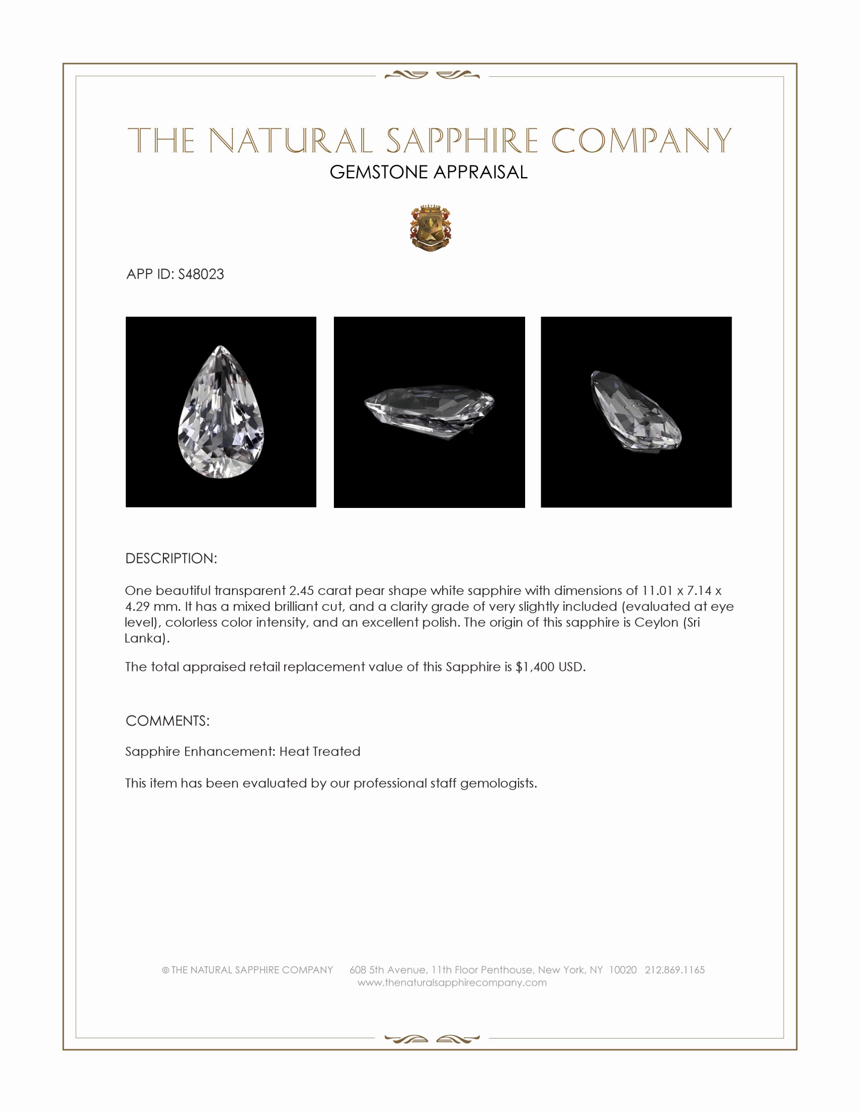 2.45 Ct. White Sapphire from Ceylon (Sri Lanka)