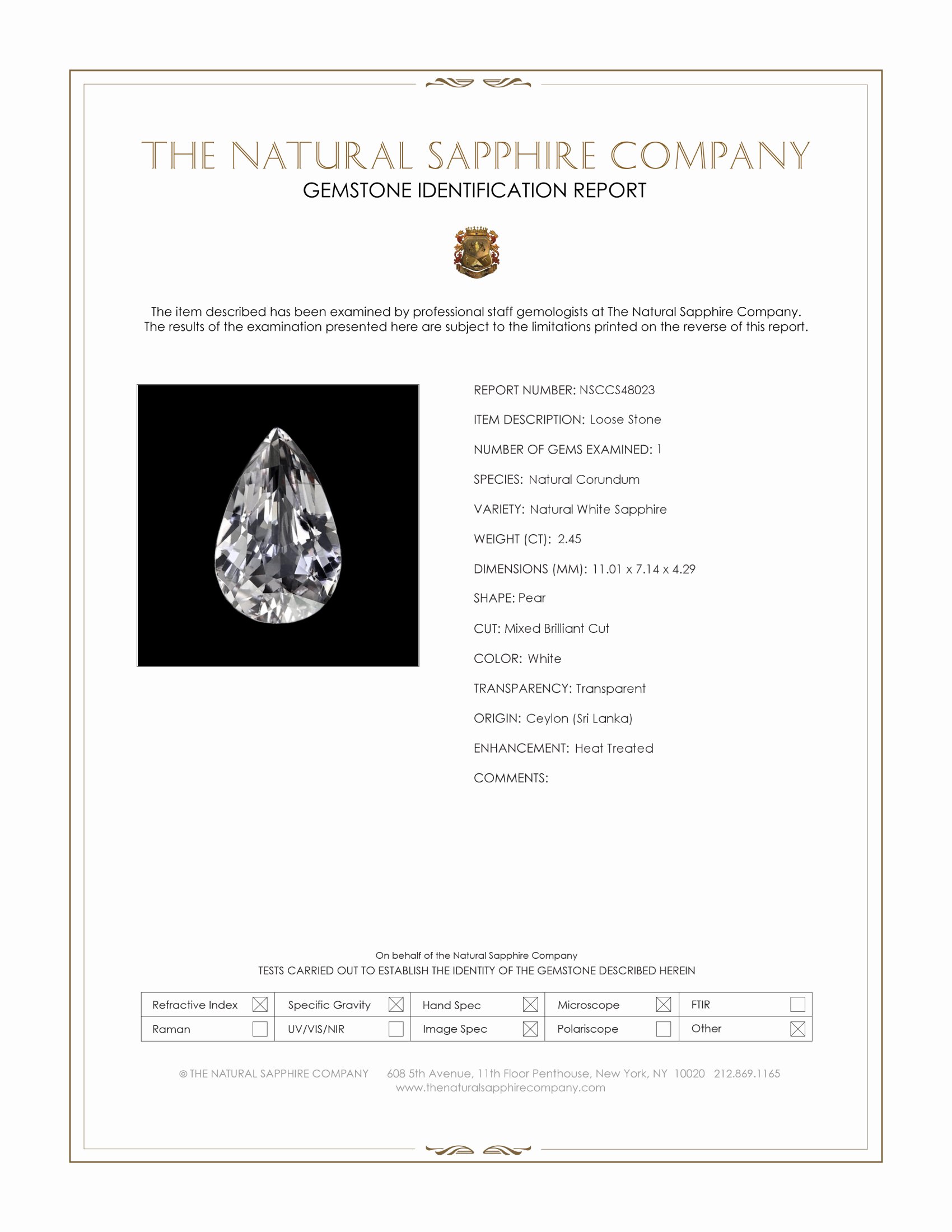 2.45 Ct. White Sapphire from Ceylon (Sri Lanka)