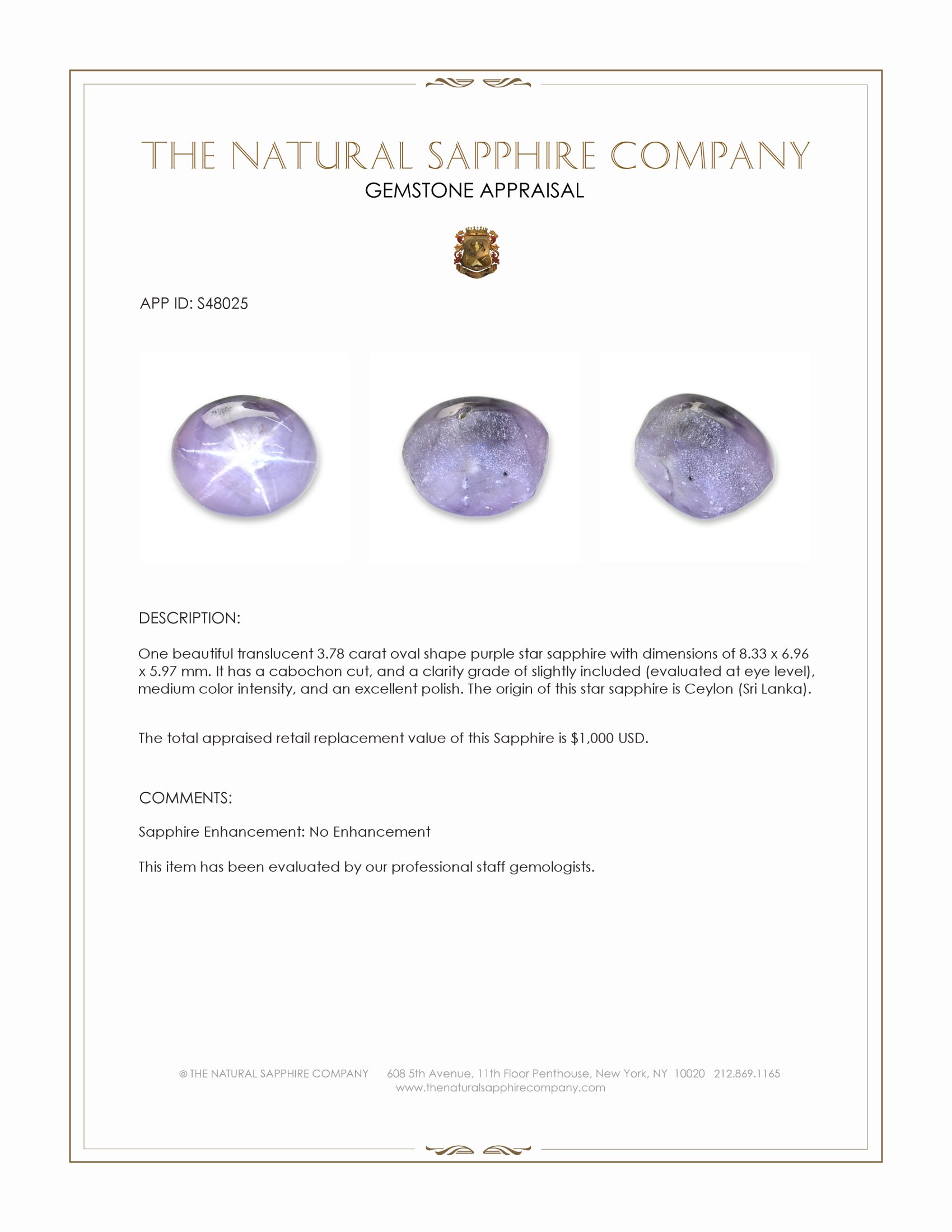 3.78 Ct. Purple Star Sapphire from Ceylon (Sri Lanka)
