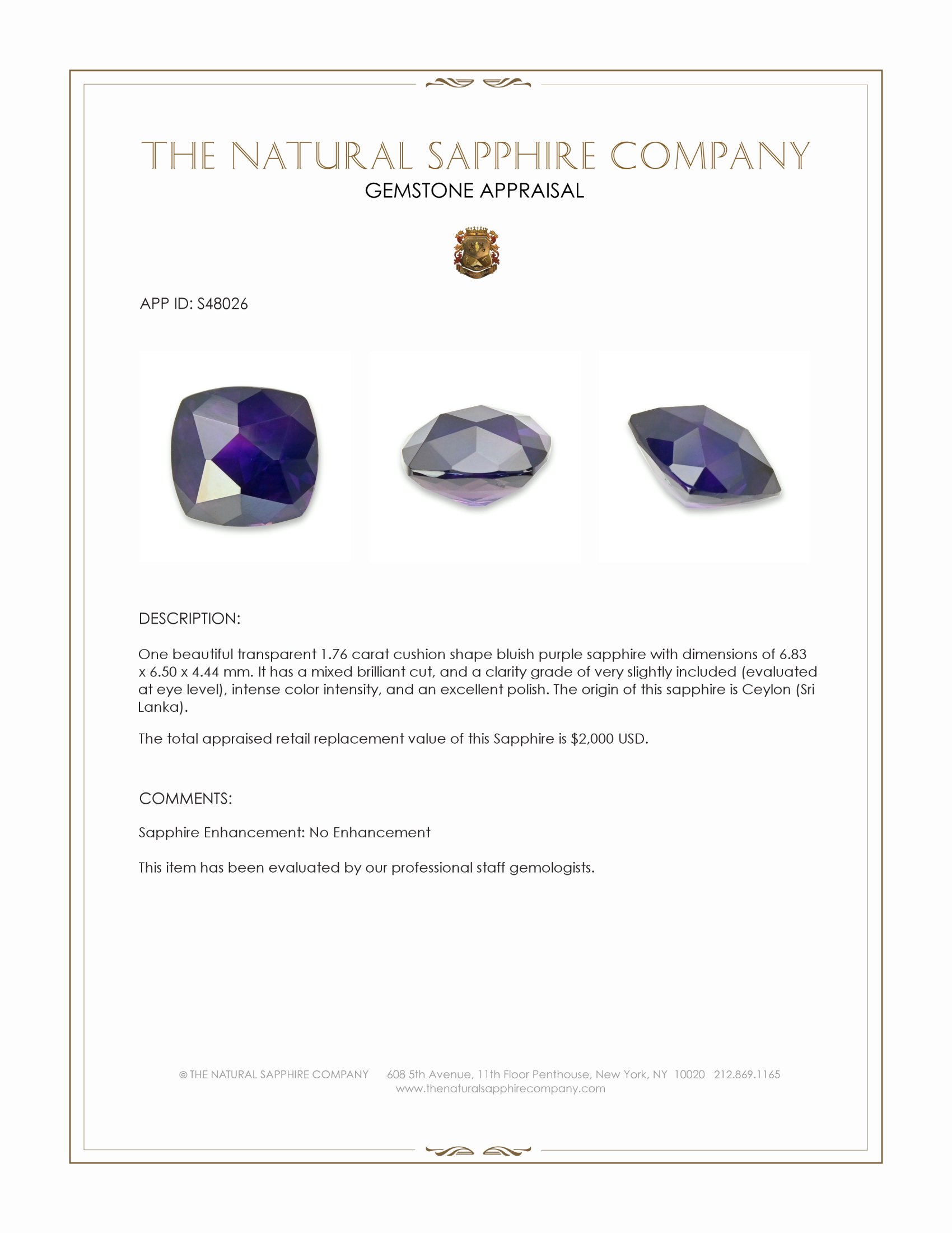 1.76 Ct. Bluish Purple Sapphire from Ceylon (Sri Lanka)