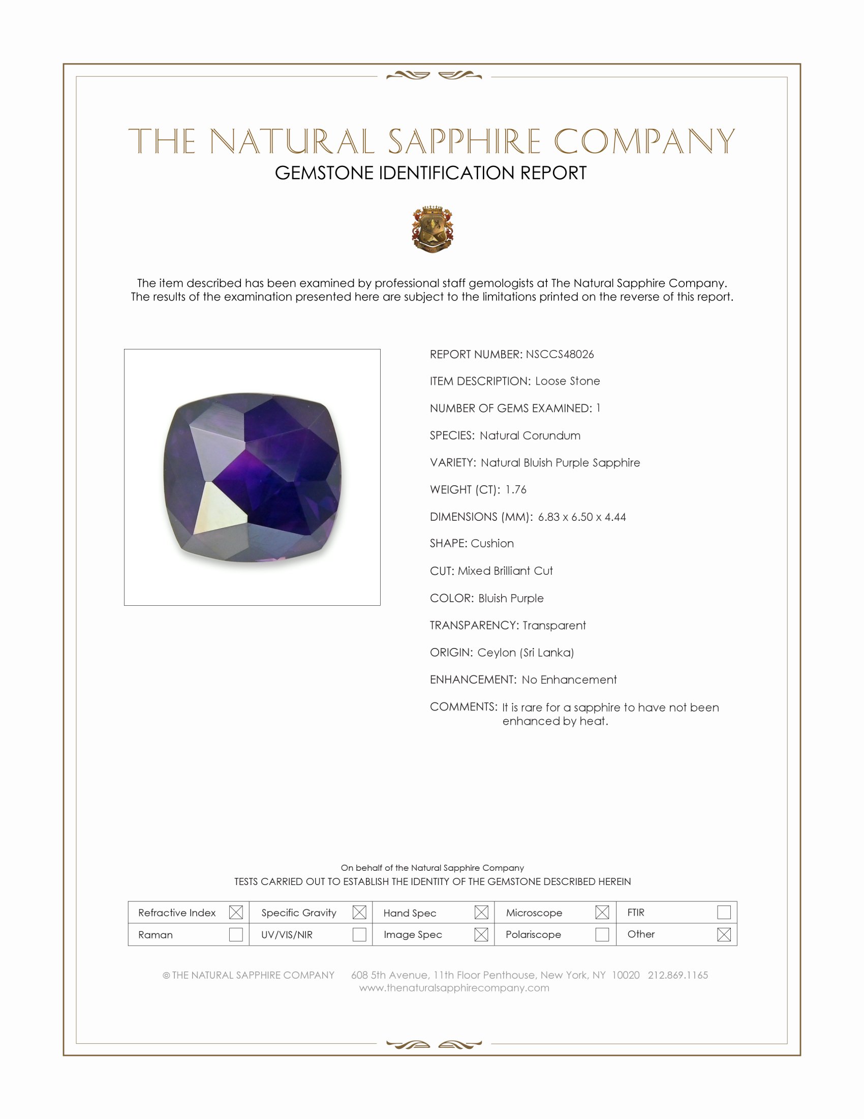 1.76 Ct. Bluish Purple Sapphire from Ceylon (Sri Lanka)