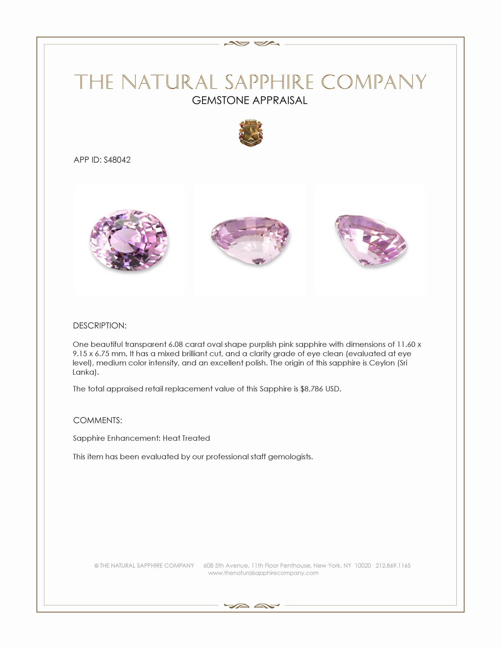 6.08 Ct. Purplish Pink Sapphire from Ceylon (Sri Lanka)