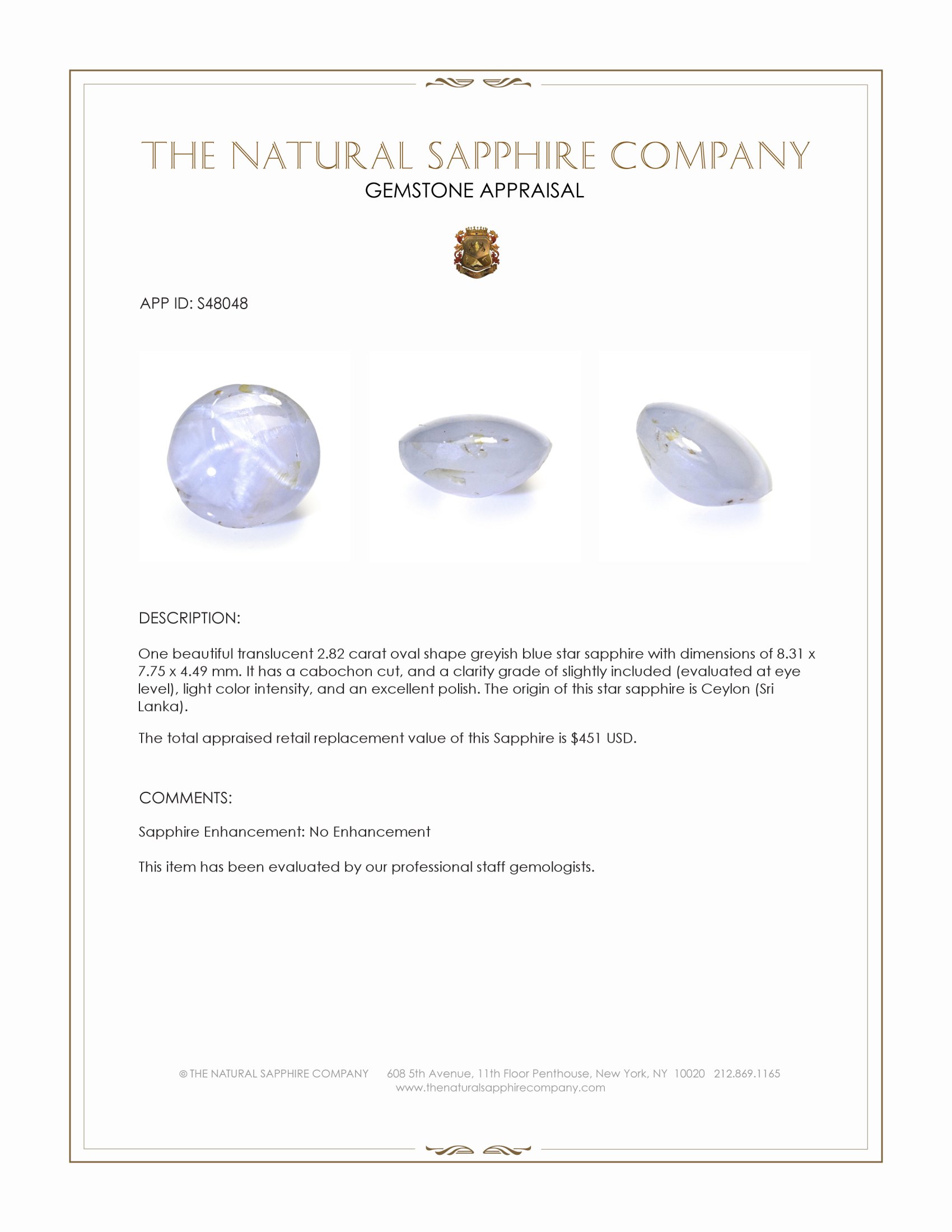 2.82 Ct. Greyish Blue Star Sapphire from Ceylon (Sri Lanka)