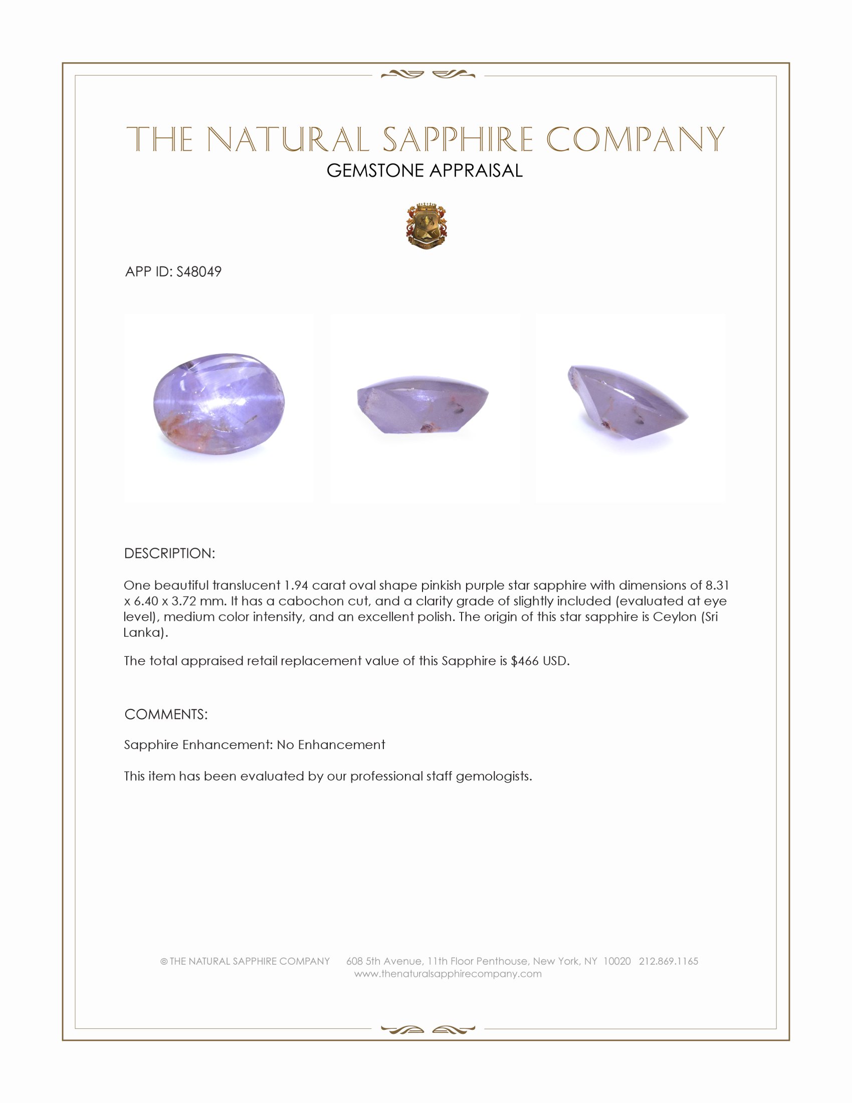 1.94 Ct. Pinkish Purple Star Sapphire from Ceylon (Sri Lanka)