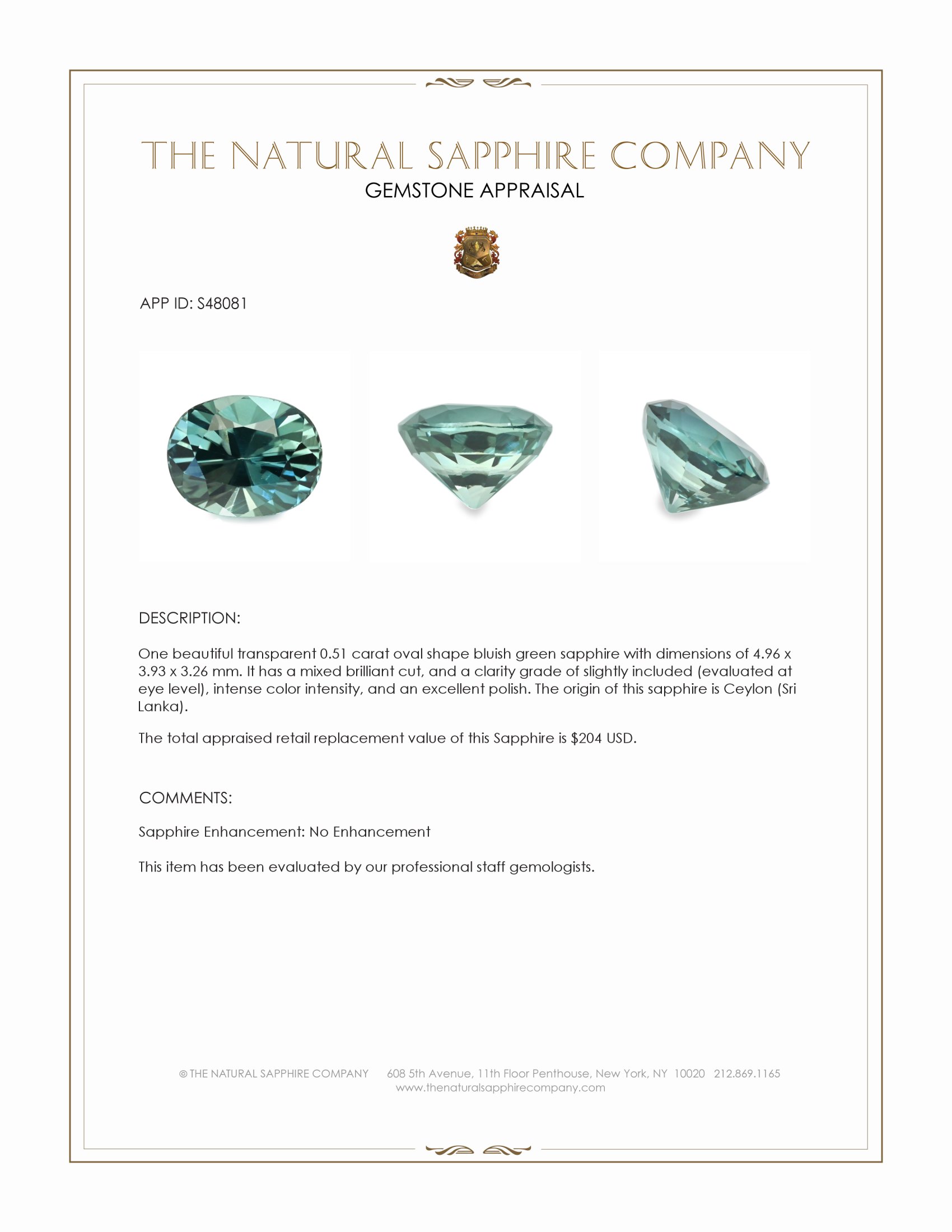 0.51 Ct. Bluish Green Sapphire from Ceylon (Sri Lanka)