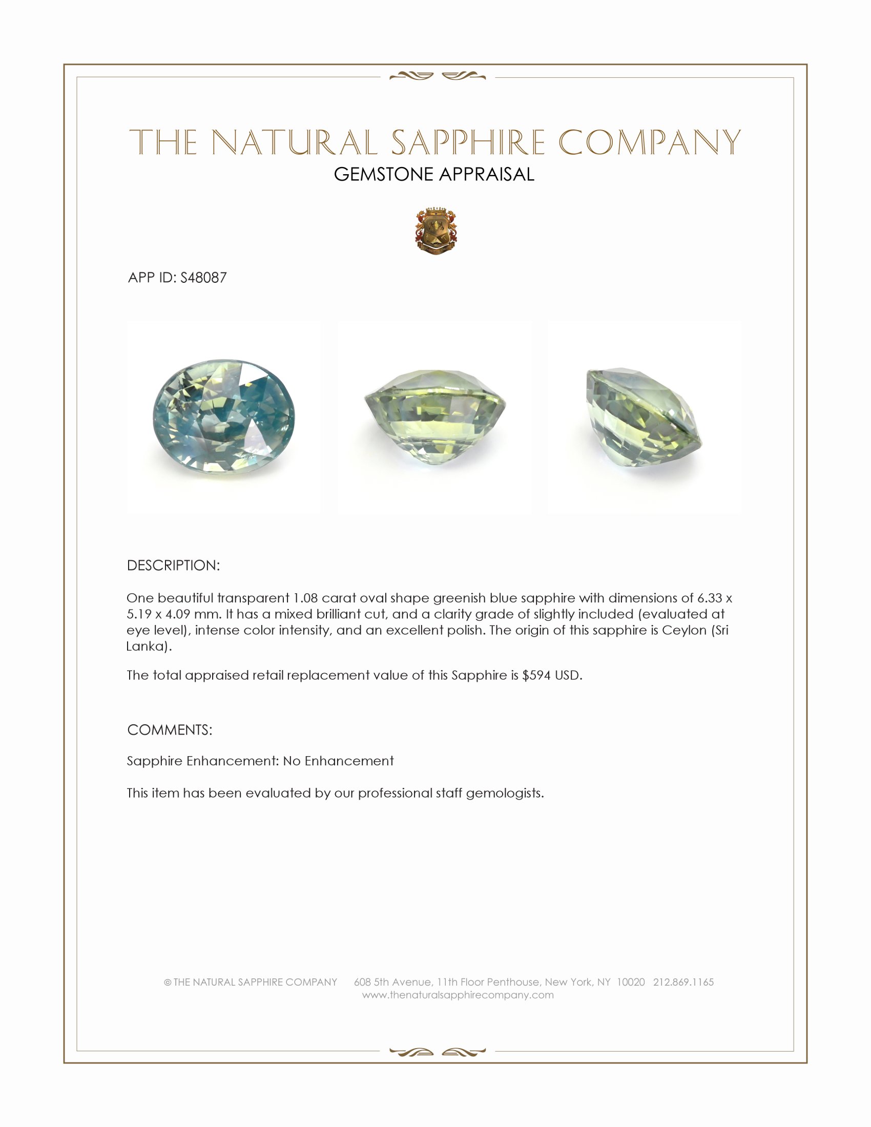 1.08 Ct. Greenish Blue Sapphire from Ceylon (Sri Lanka)