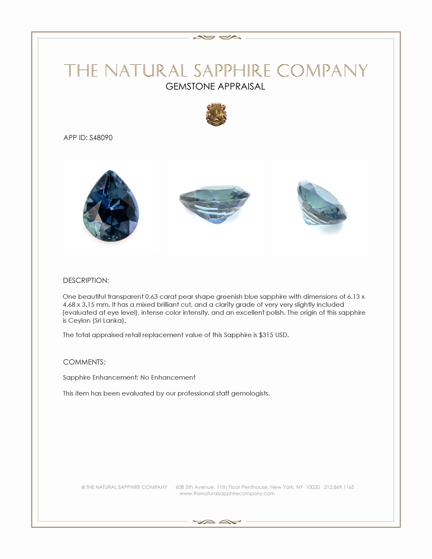 0.63 Ct. Greenish Blue Sapphire from Ceylon (Sri Lanka)