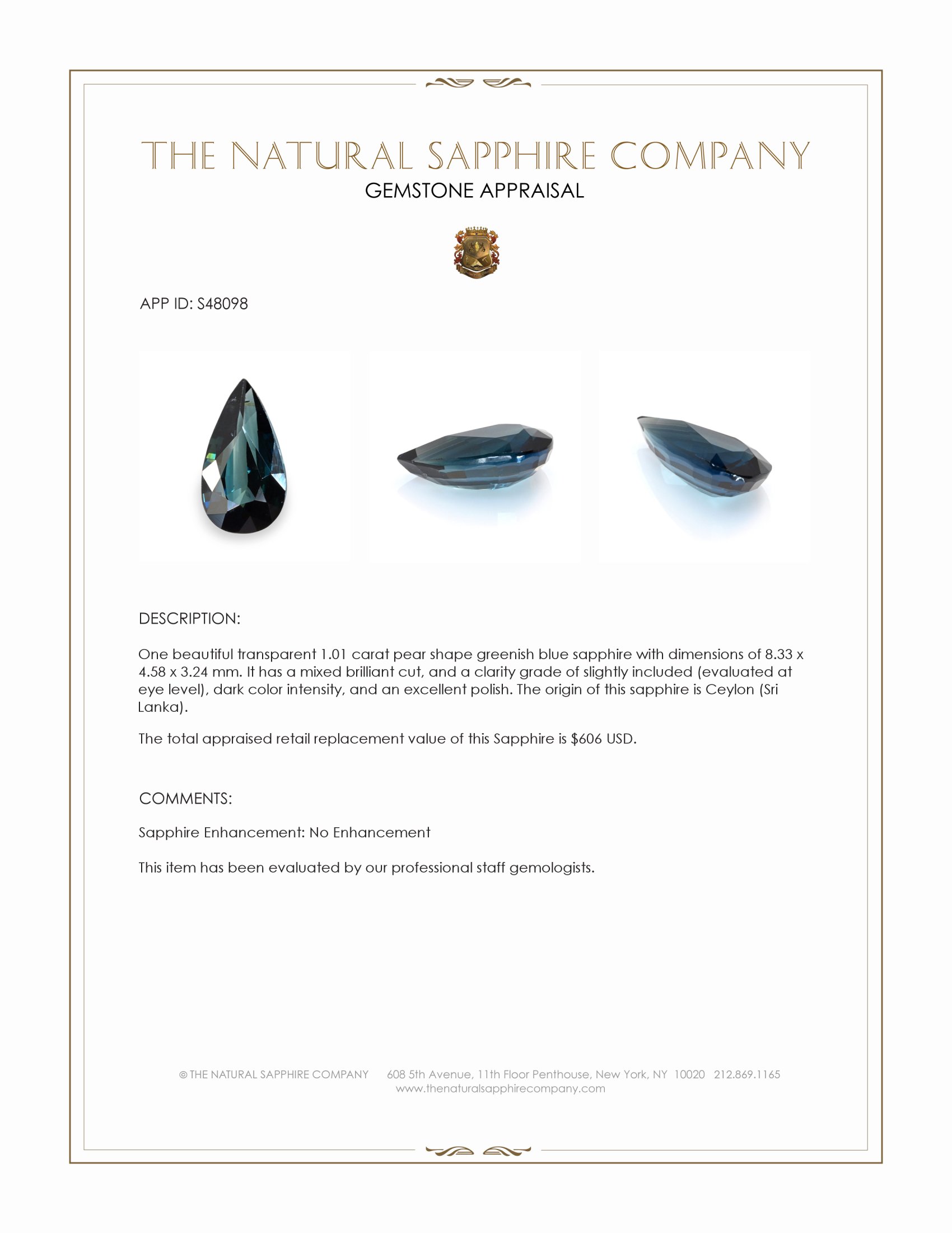 1.01 Ct. Greenish Blue Sapphire from Ceylon (Sri Lanka)