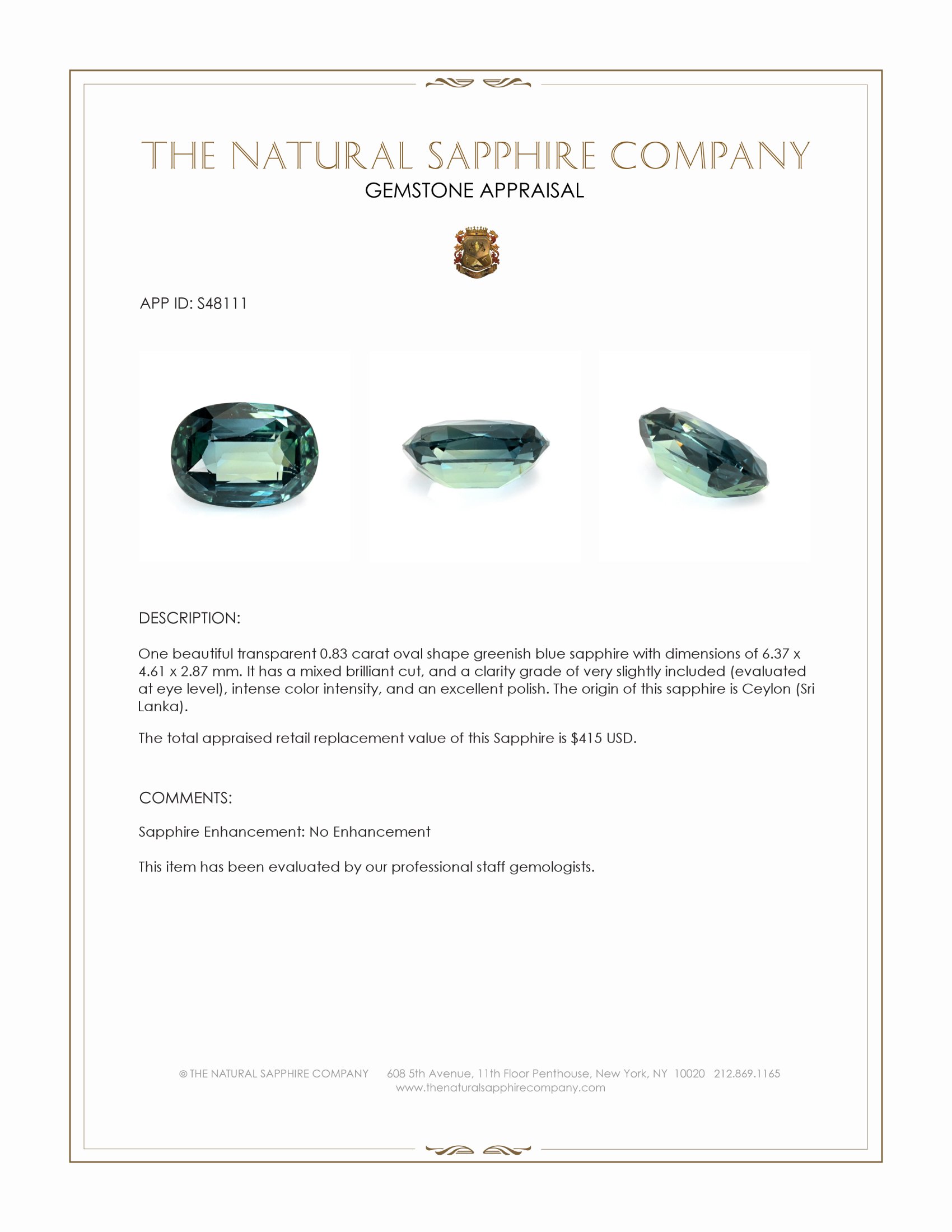 0.83 Ct. Greenish Blue Sapphire from Ceylon (Sri Lanka)