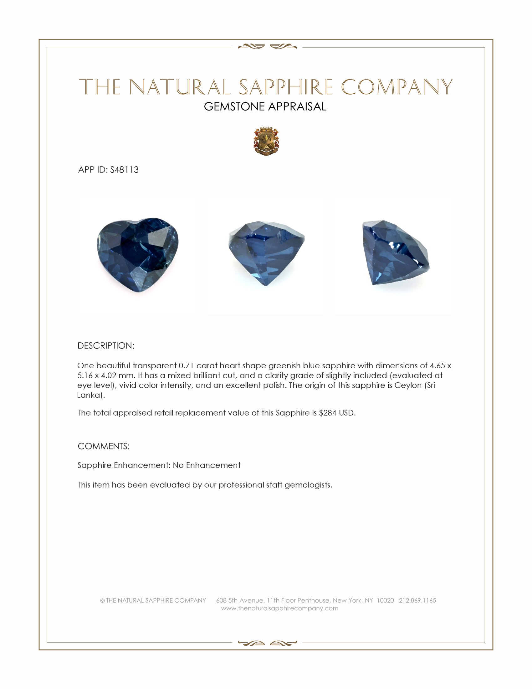 0.71 Ct. Greenish Blue Sapphire from Ceylon (Sri Lanka)