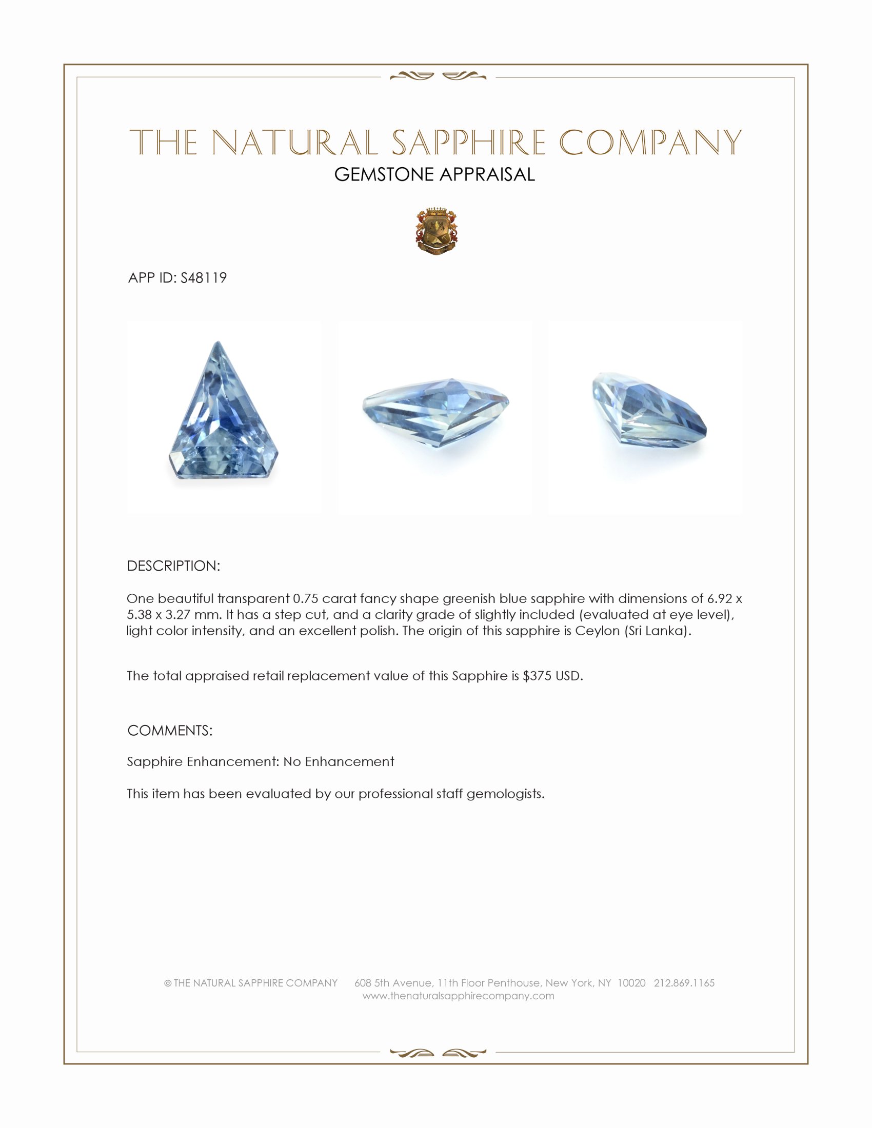 0.75 Ct. Greenish Blue Sapphire from Ceylon (Sri Lanka)
