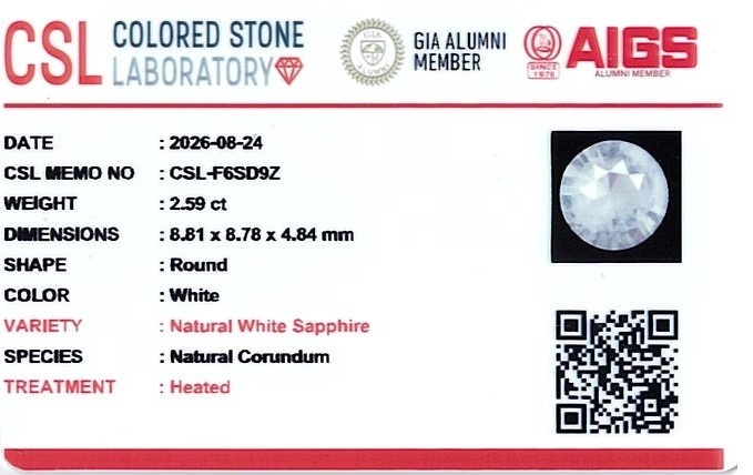 2.56 Ct. White Sapphire from Ceylon (Sri Lanka)