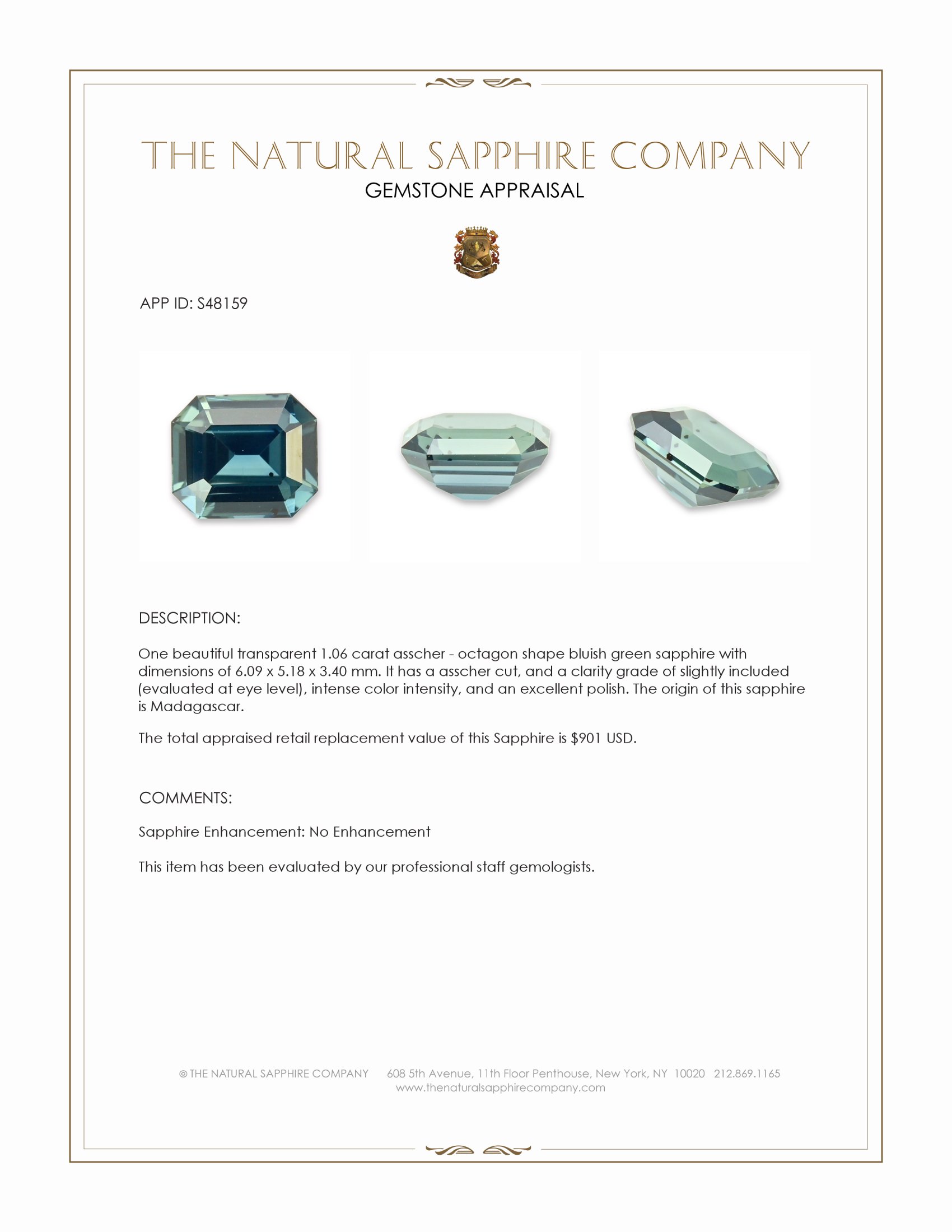 1.06 Ct. Bluish Green Sapphire from Madagascar