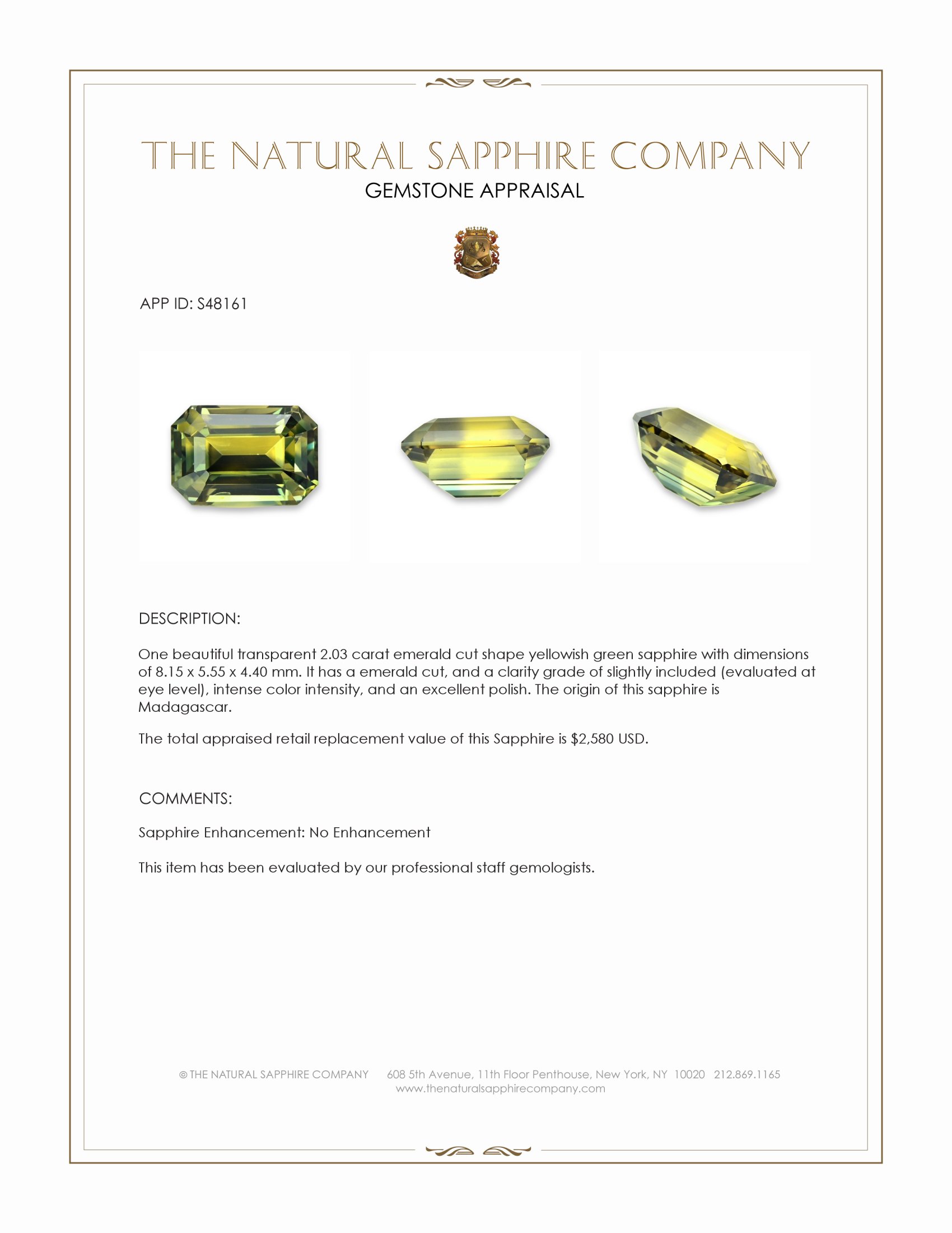 2.03 Ct. Yellowish Green Sapphire from Madagascar