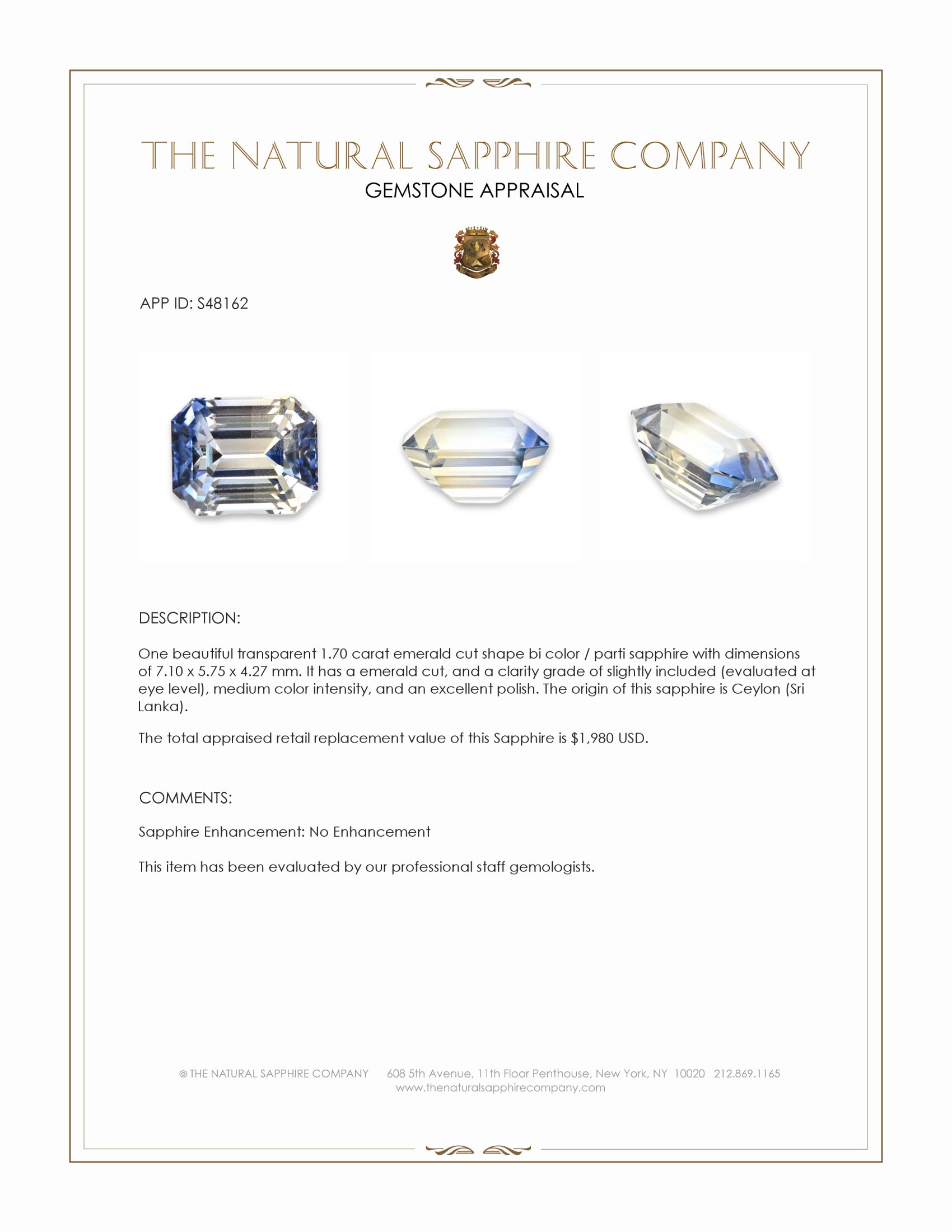 1.70 Ct. Bi Color / Parti Sapphire from Ceylon (Sri Lanka)