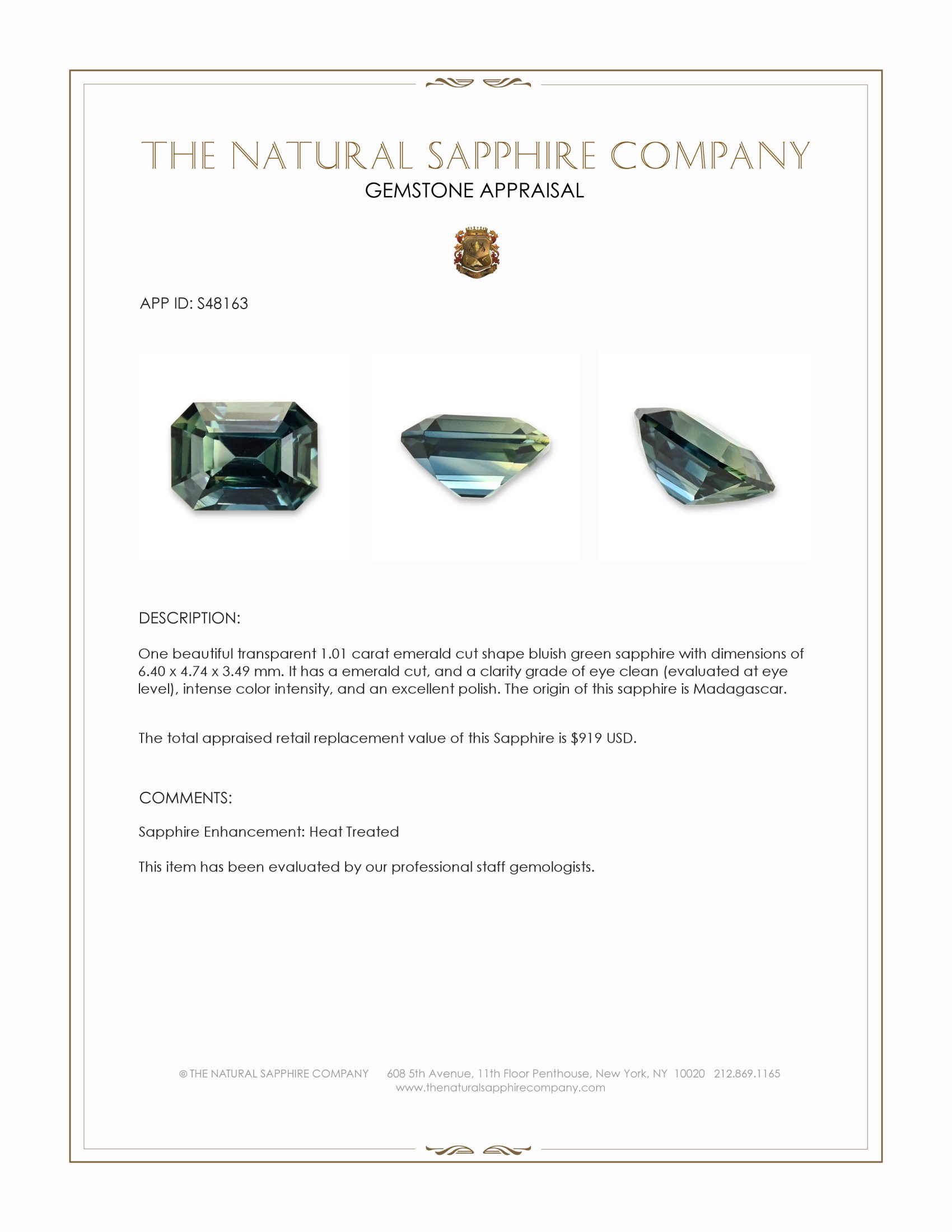 1.01 Ct. Bluish Green Sapphire from Madagascar