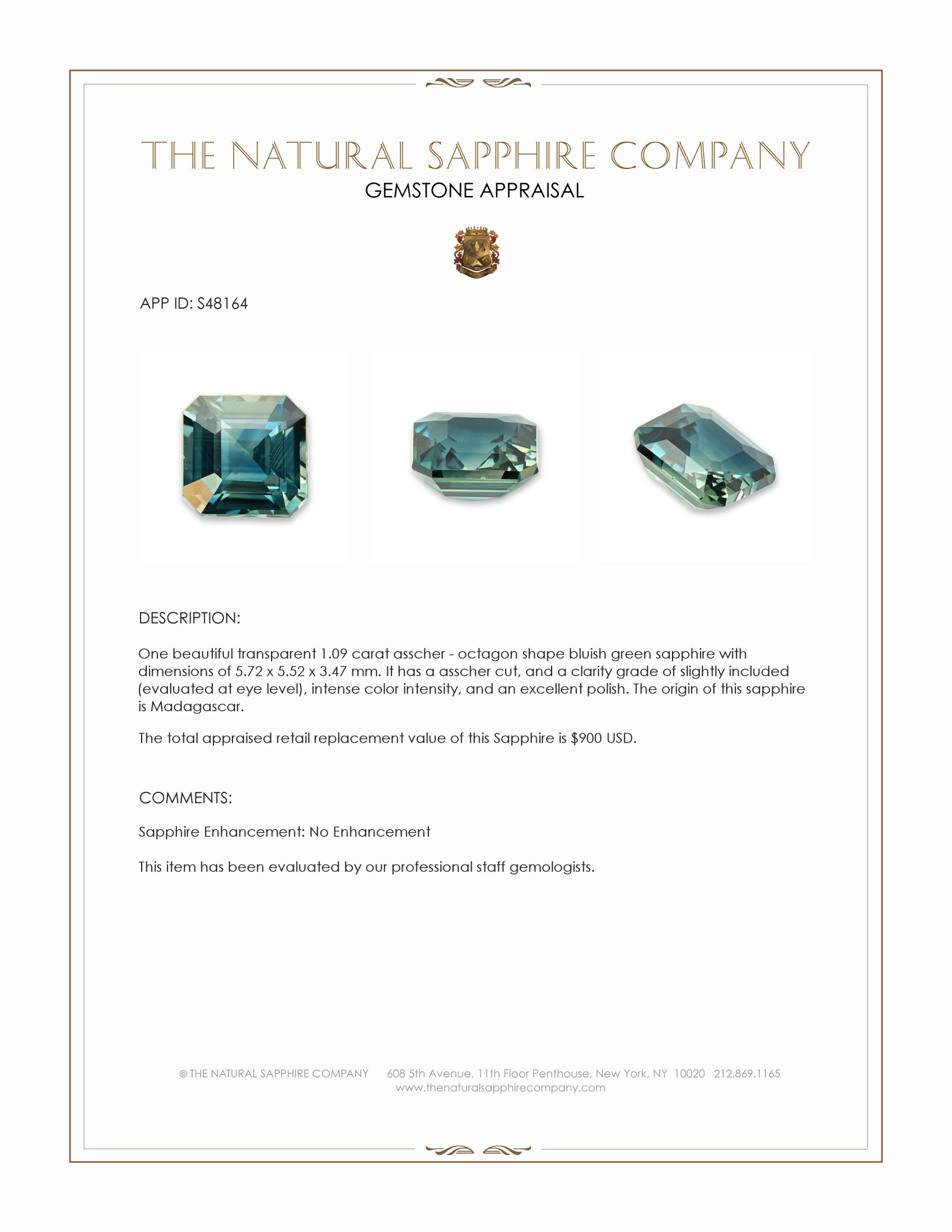 1.09 Ct. Bluish Green Sapphire from Madagascar