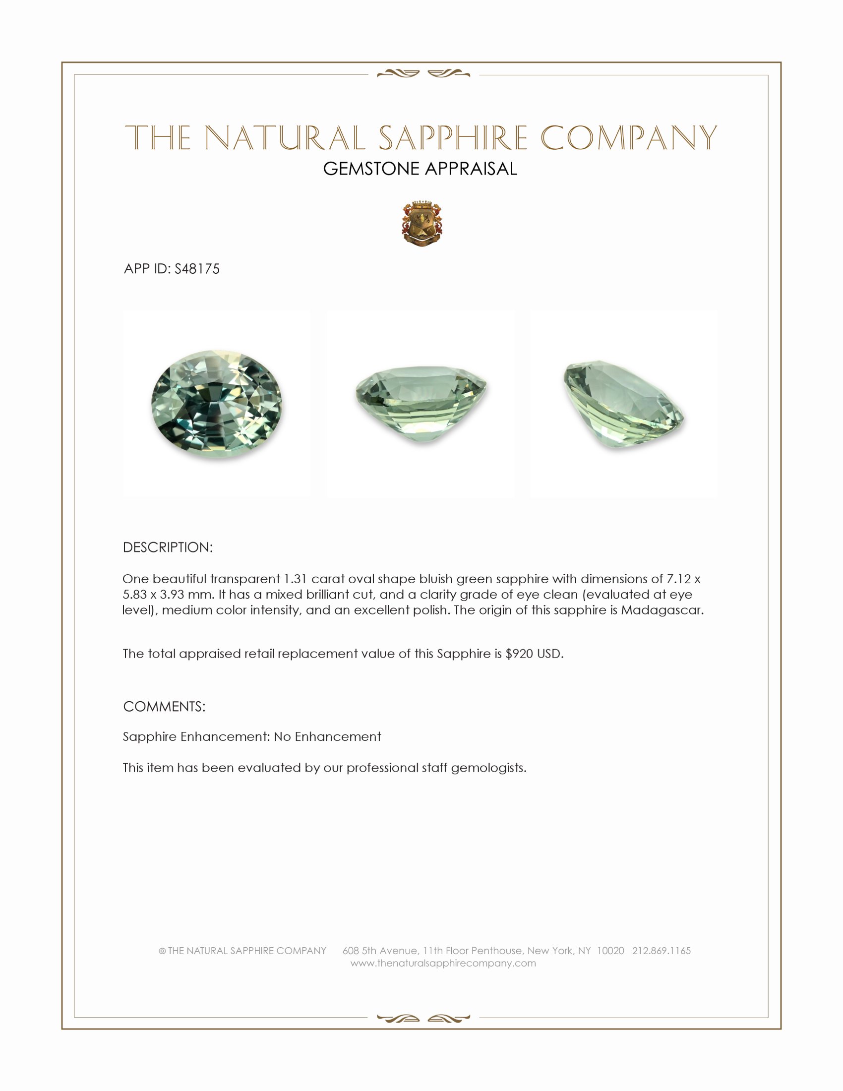 1.31 Ct. Bluish Green Sapphire from Madagascar