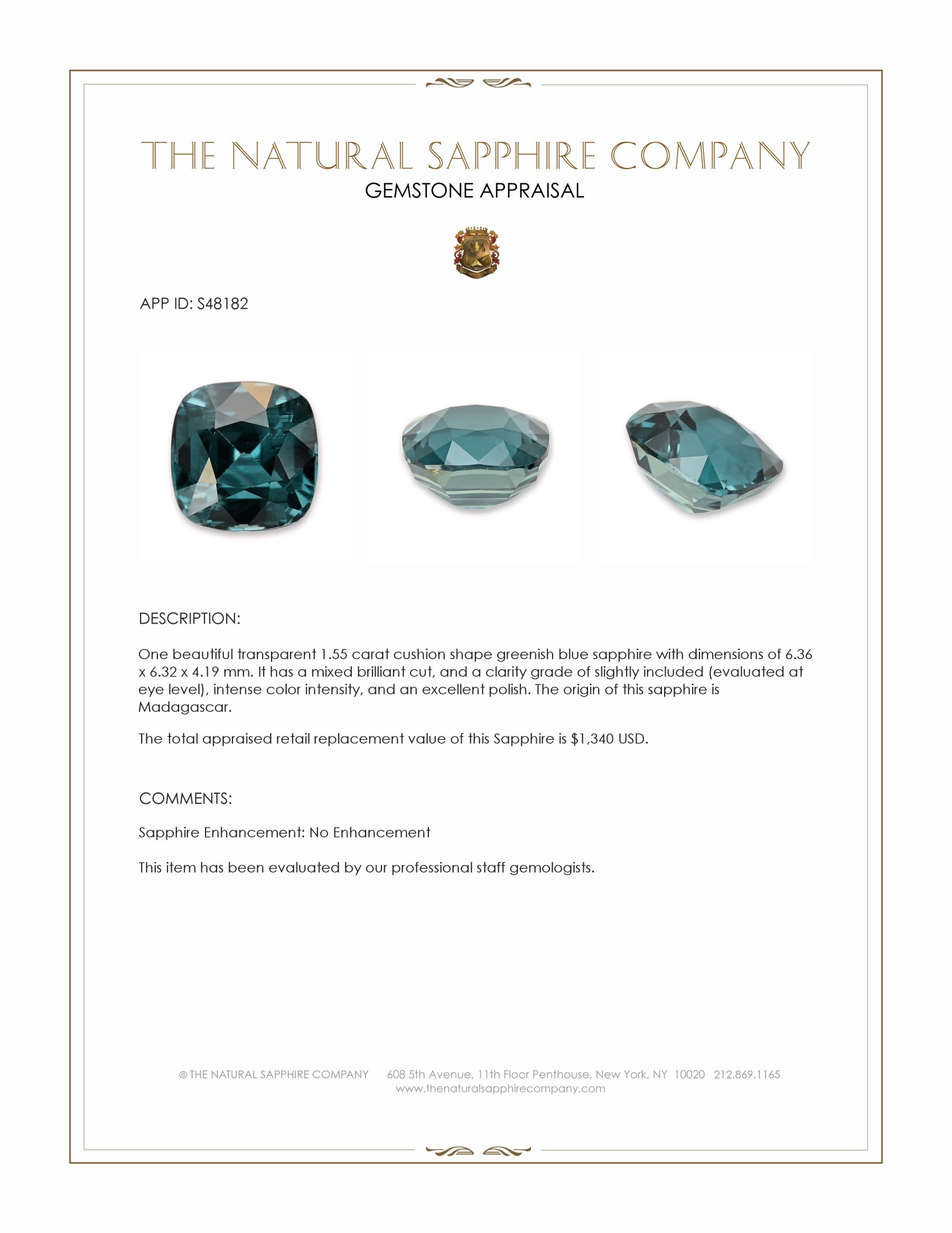 1.55 Ct. Greenish Blue Sapphire from Madagascar