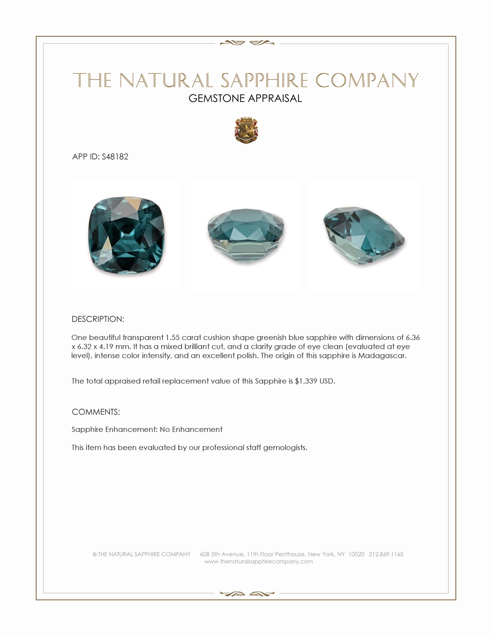 1.55 Ct. Greenish Blue Sapphire from Madagascar