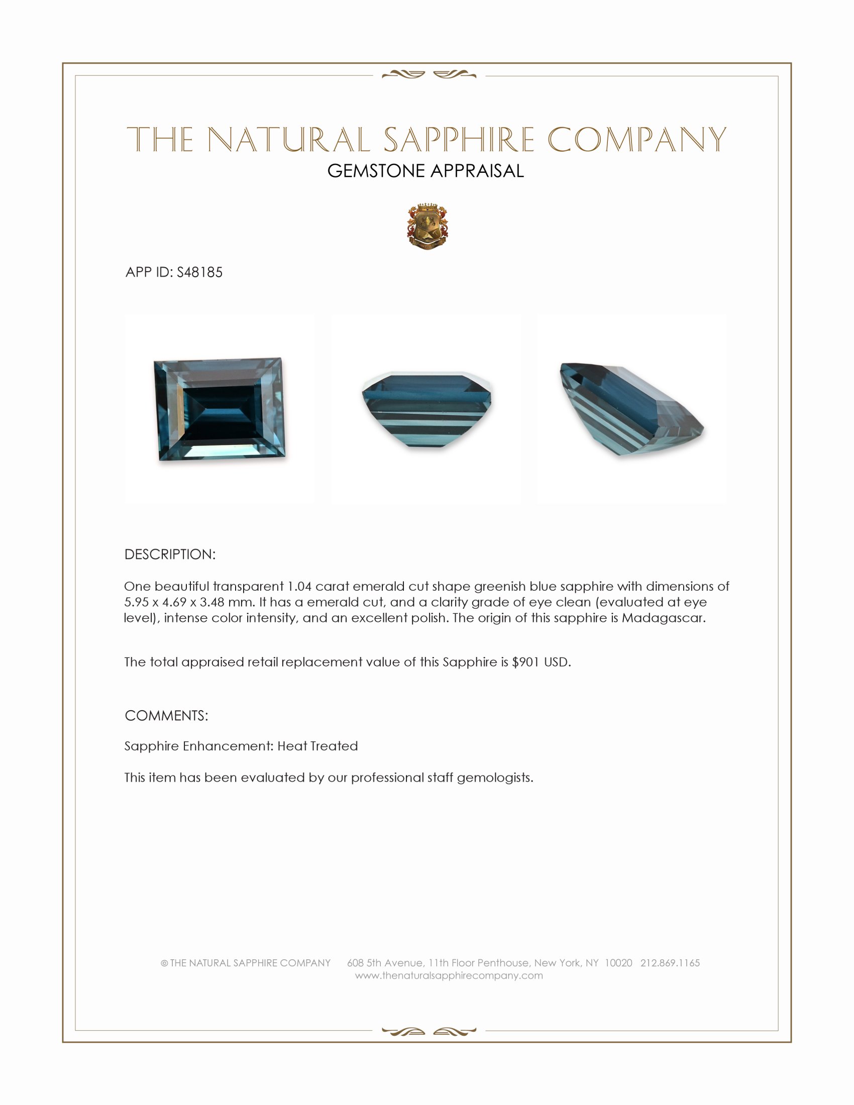 1.04 Ct. Greenish Blue Sapphire from Madagascar