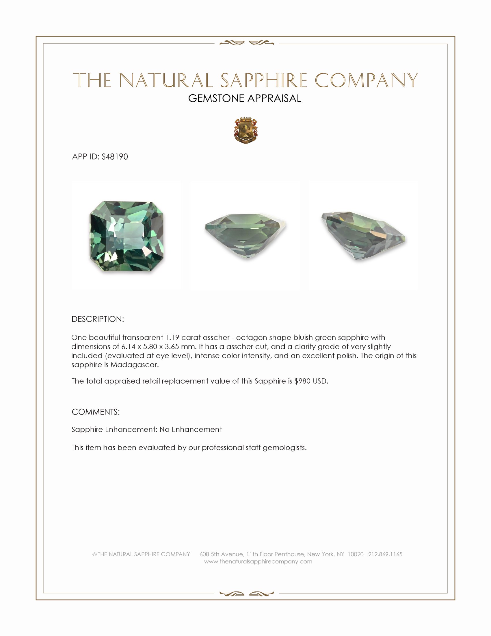 1.19 Ct. Bluish Green Sapphire from Madagascar