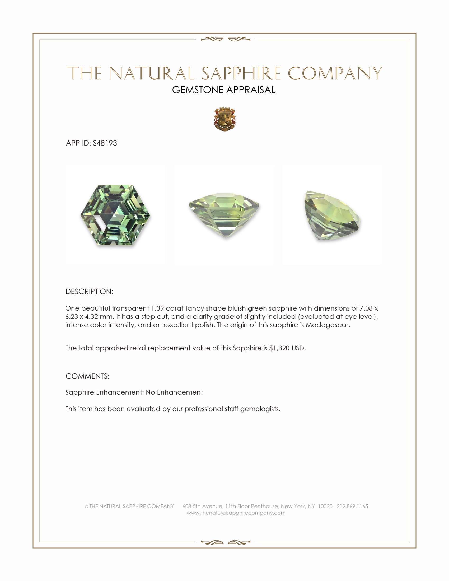 1.39 Ct. Bluish Green Sapphire from Madagascar
