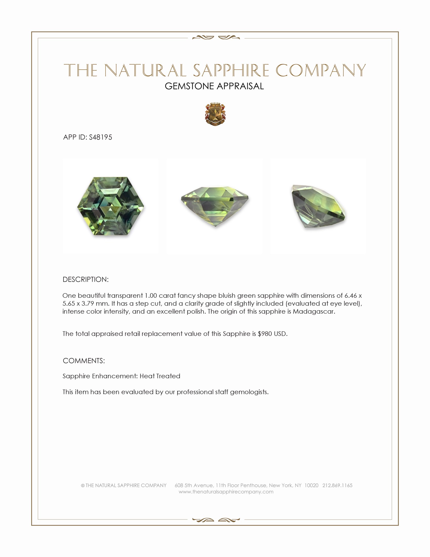 1.00 Ct. Bluish Green Sapphire from Madagascar