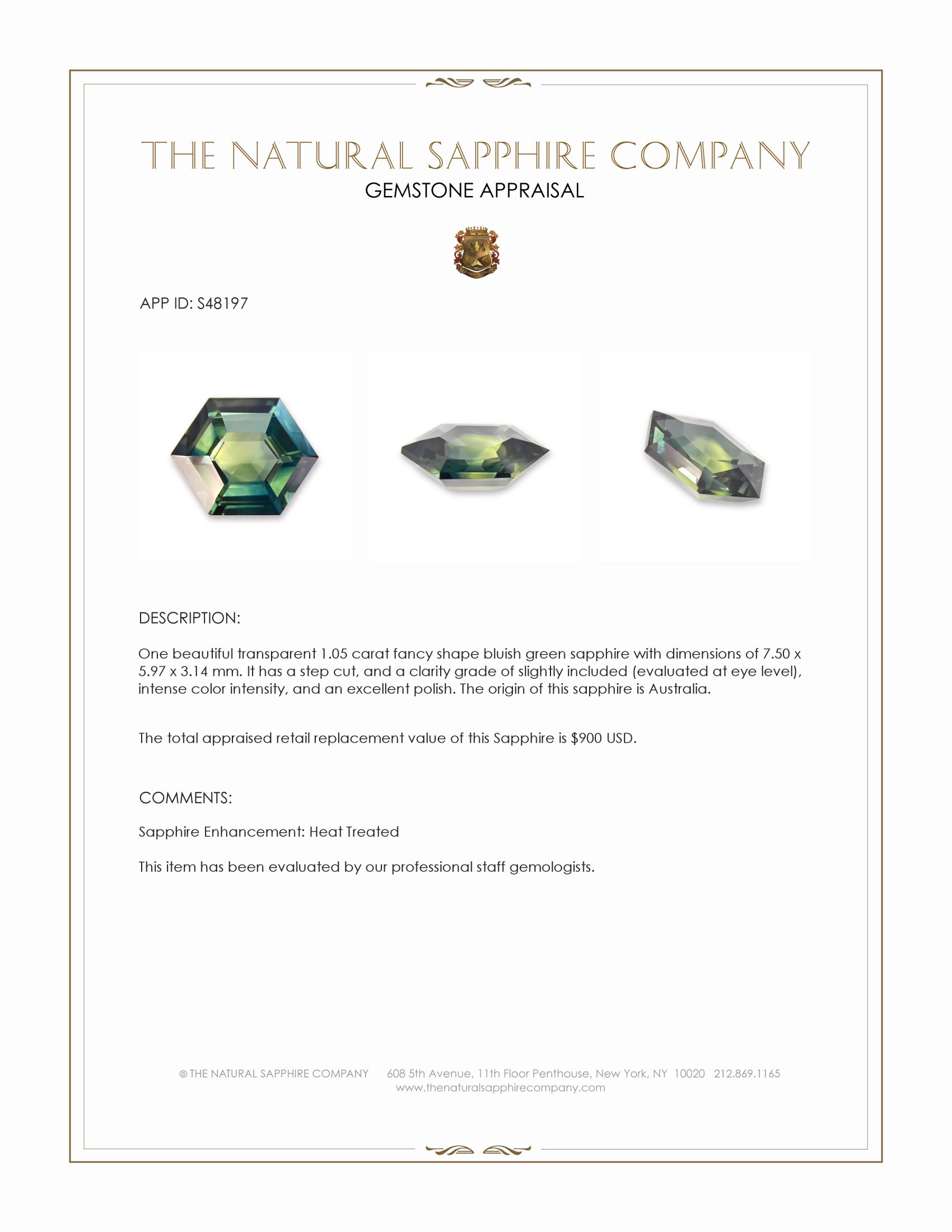1.05 Ct. Bluish Green Sapphire from Australia