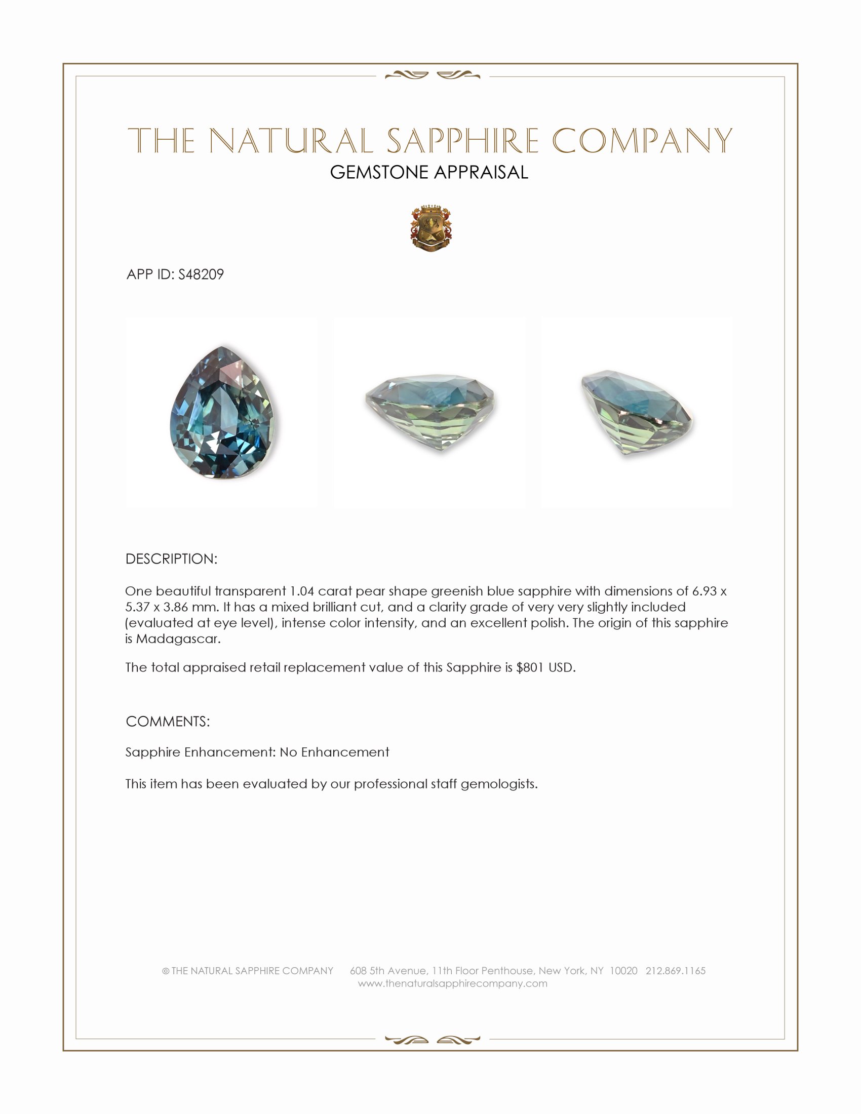 1.04 Ct. Greenish Blue Sapphire from Madagascar