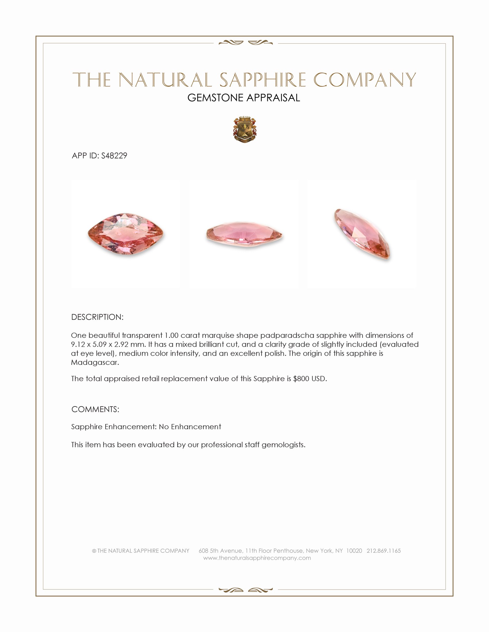 1.00 Ct. Padparadscha Sapphire from Madagascar