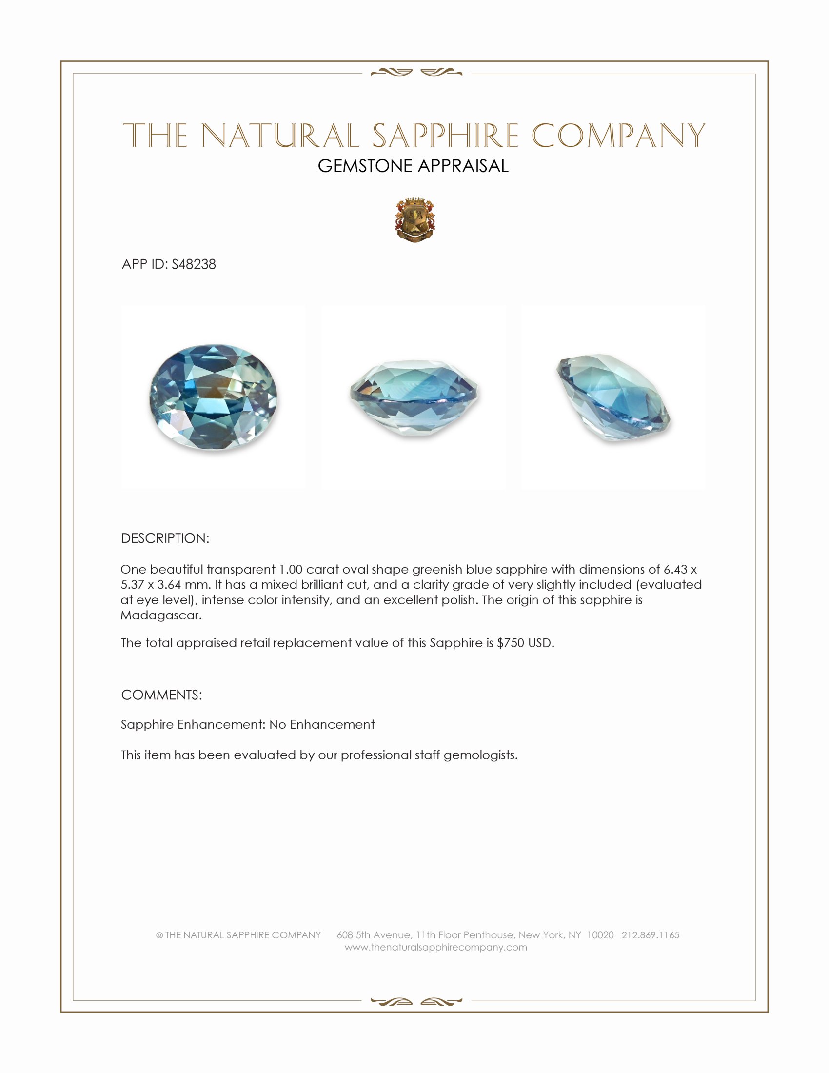 1.00 Ct. Greenish Blue Sapphire from Madagascar