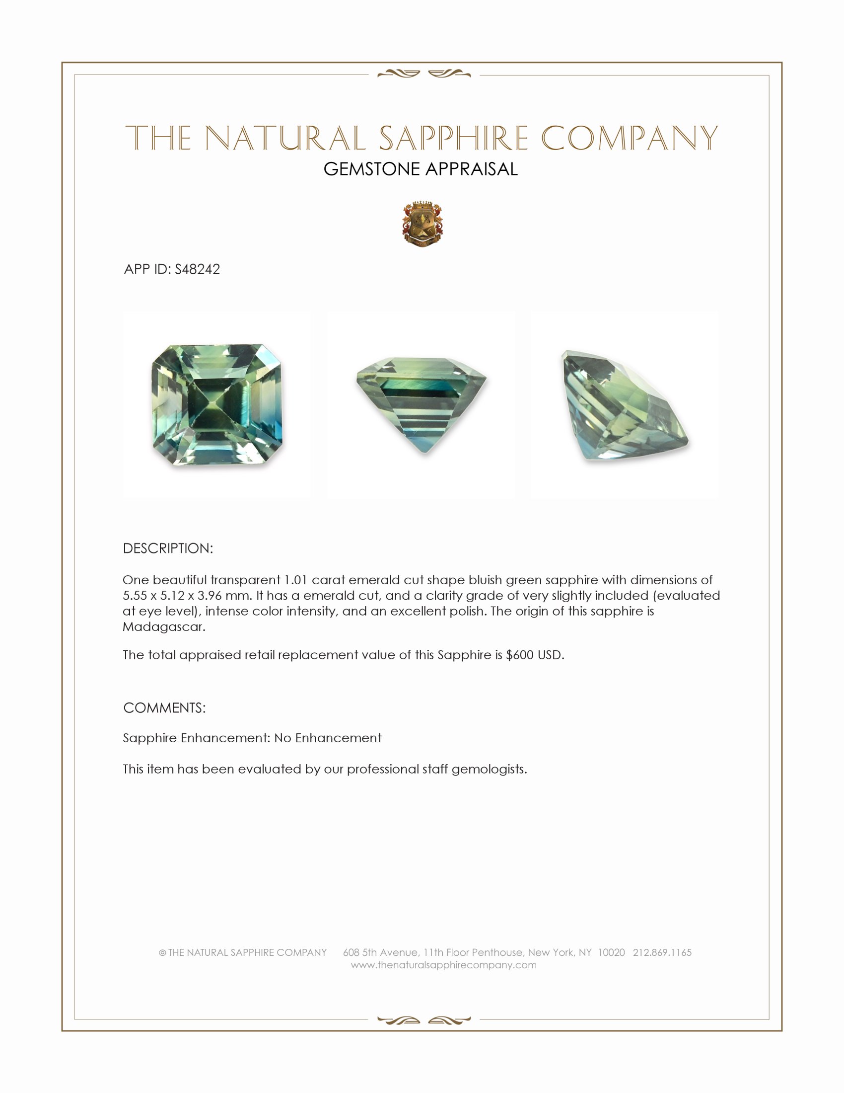 1.01 Ct. Bluish Green Sapphire from Madagascar