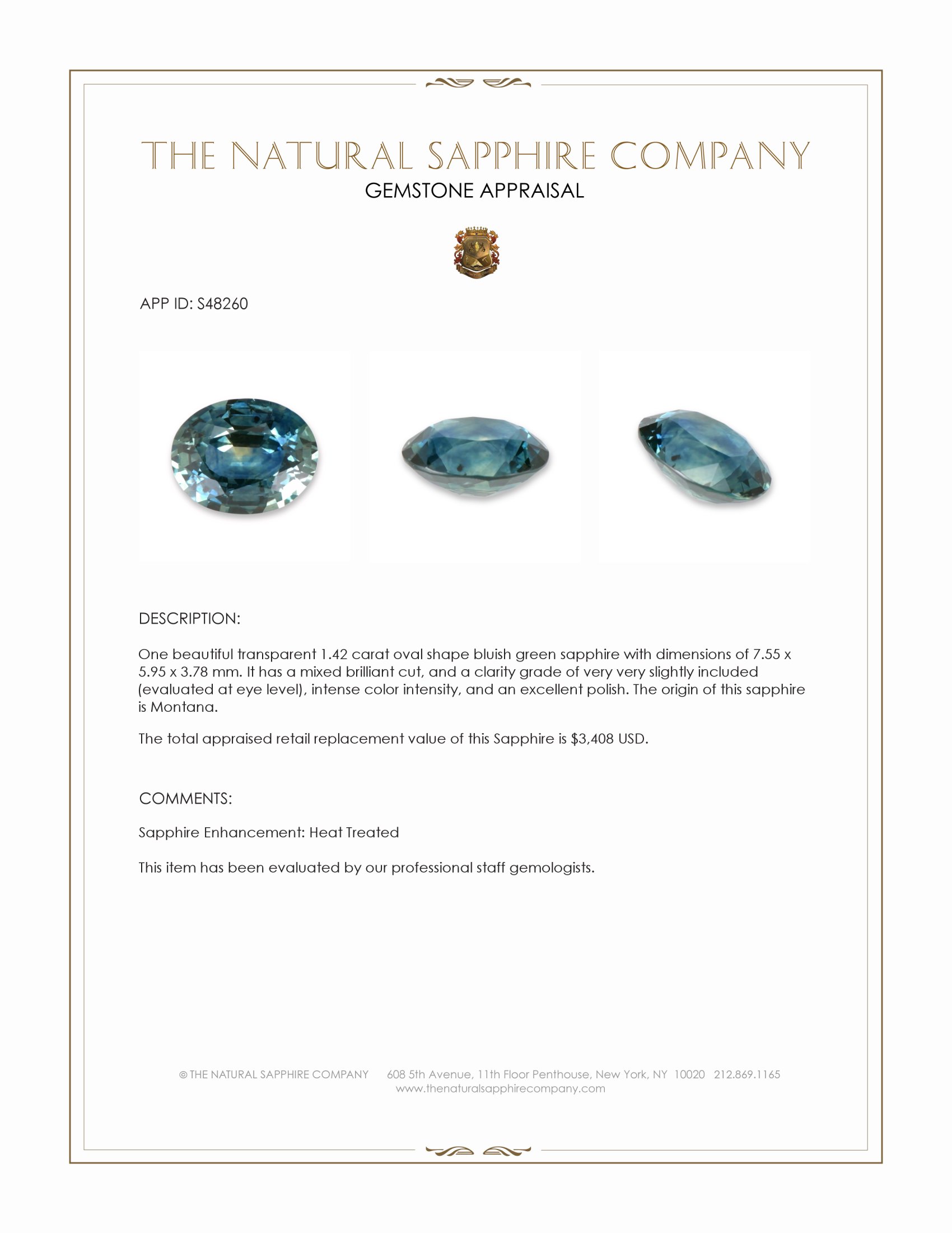 1.42 Ct. Bluish Green Sapphire from Montana