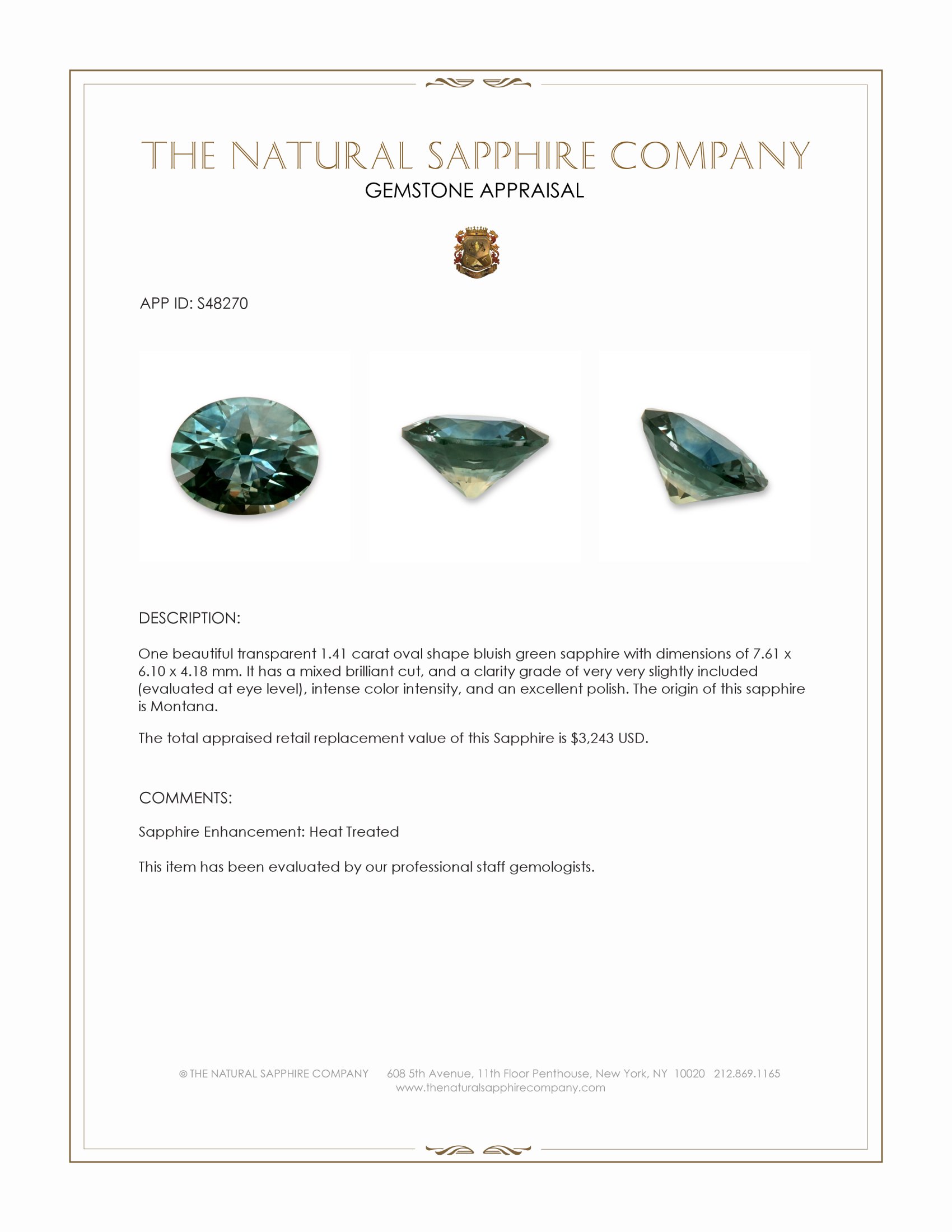 1.41 Ct. Bluish Green Sapphire from Montana