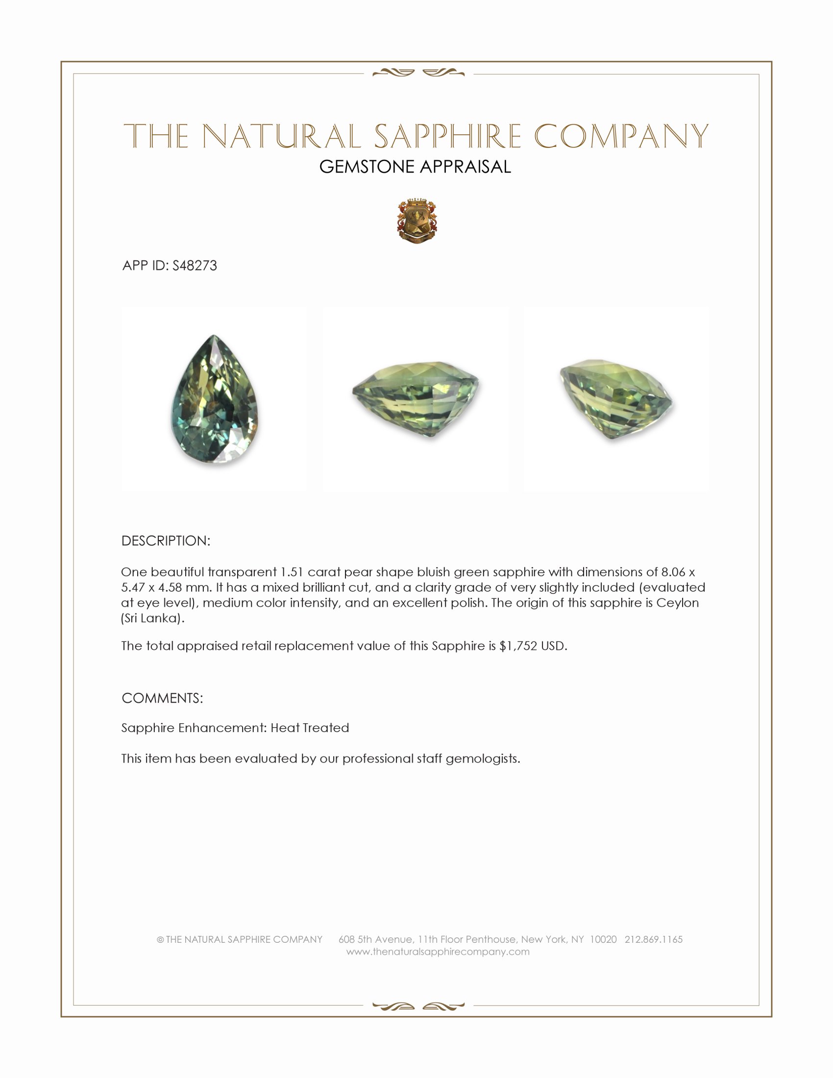 1.51 Ct. Bluish Green Sapphire from Ceylon (Sri Lanka)