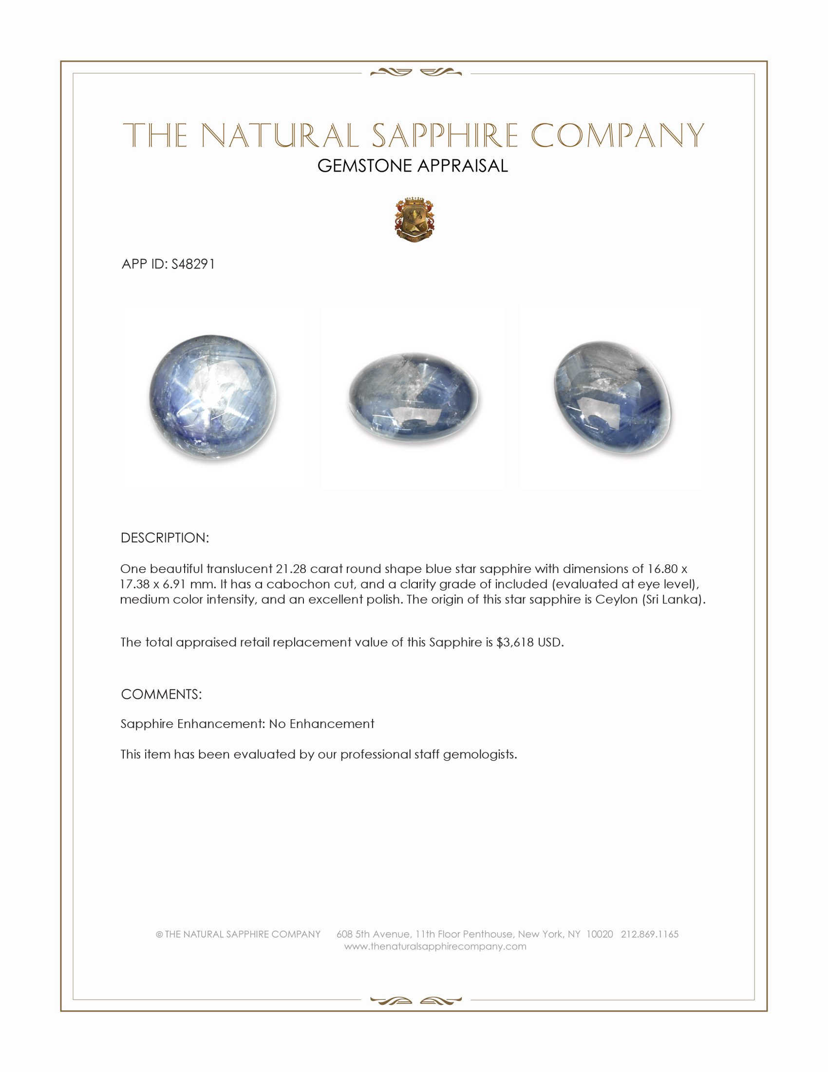 21.28 Ct. Blue Star Sapphire from Ceylon (Sri Lanka)