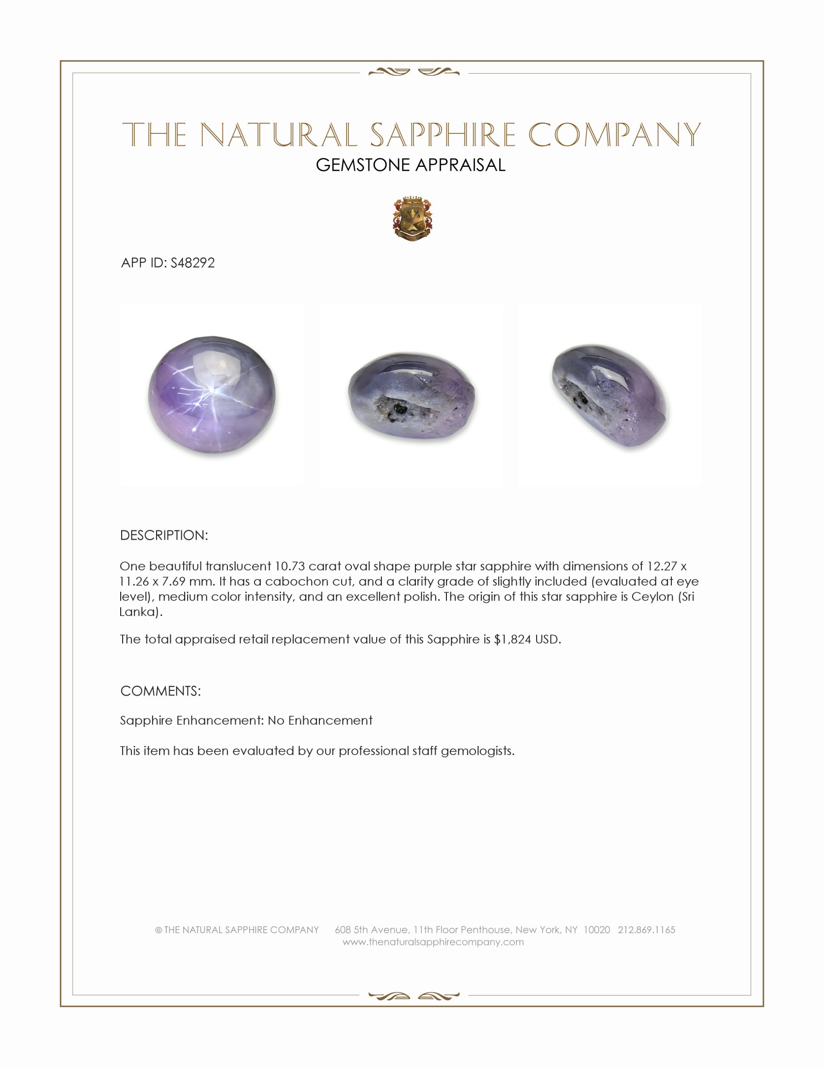 10.73 Ct. Purple Star Sapphire from Ceylon (Sri Lanka)