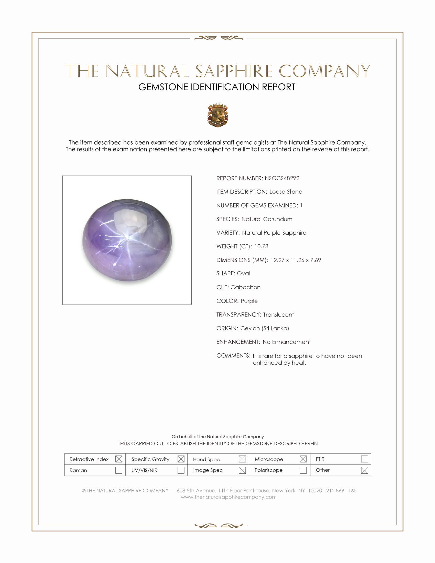 10.73 Ct. Purple Star Sapphire from Ceylon (Sri Lanka)