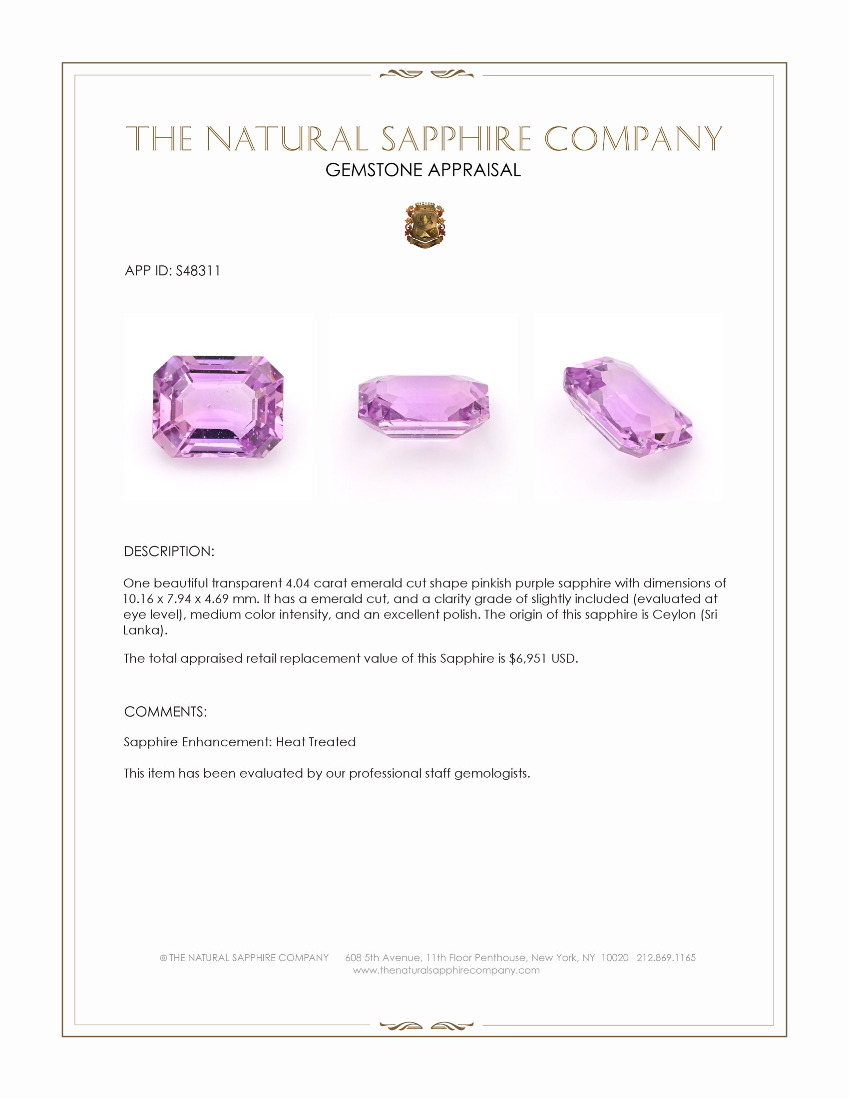 4.04 Ct. Pinkish Purple Sapphire from Ceylon (Sri Lanka)
