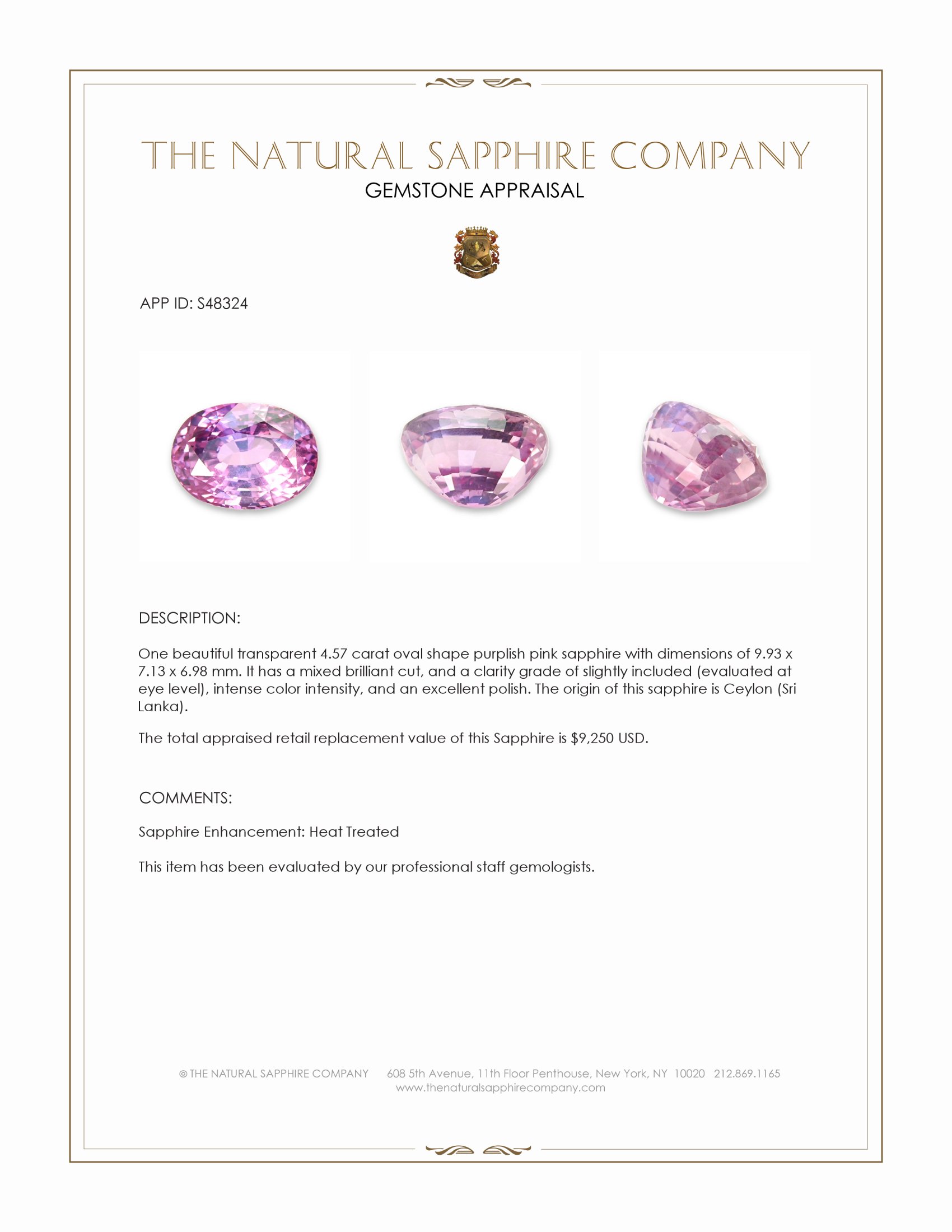 4.57 Ct. Purplish Pink Sapphire from Ceylon (Sri Lanka)