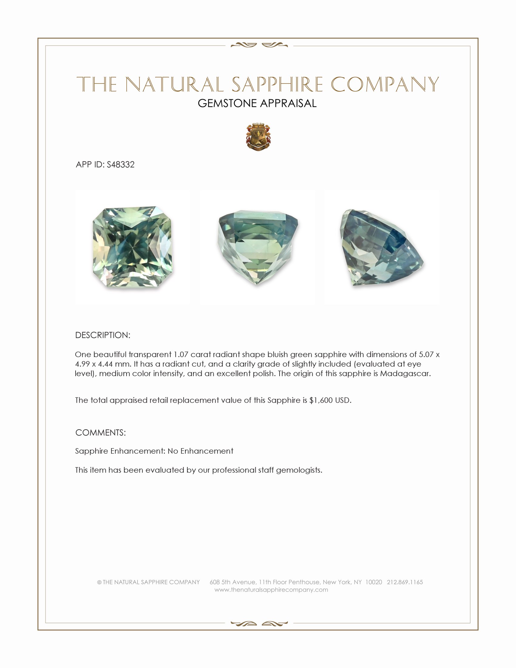 1.07 Ct. Bluish Green Sapphire from Madagascar