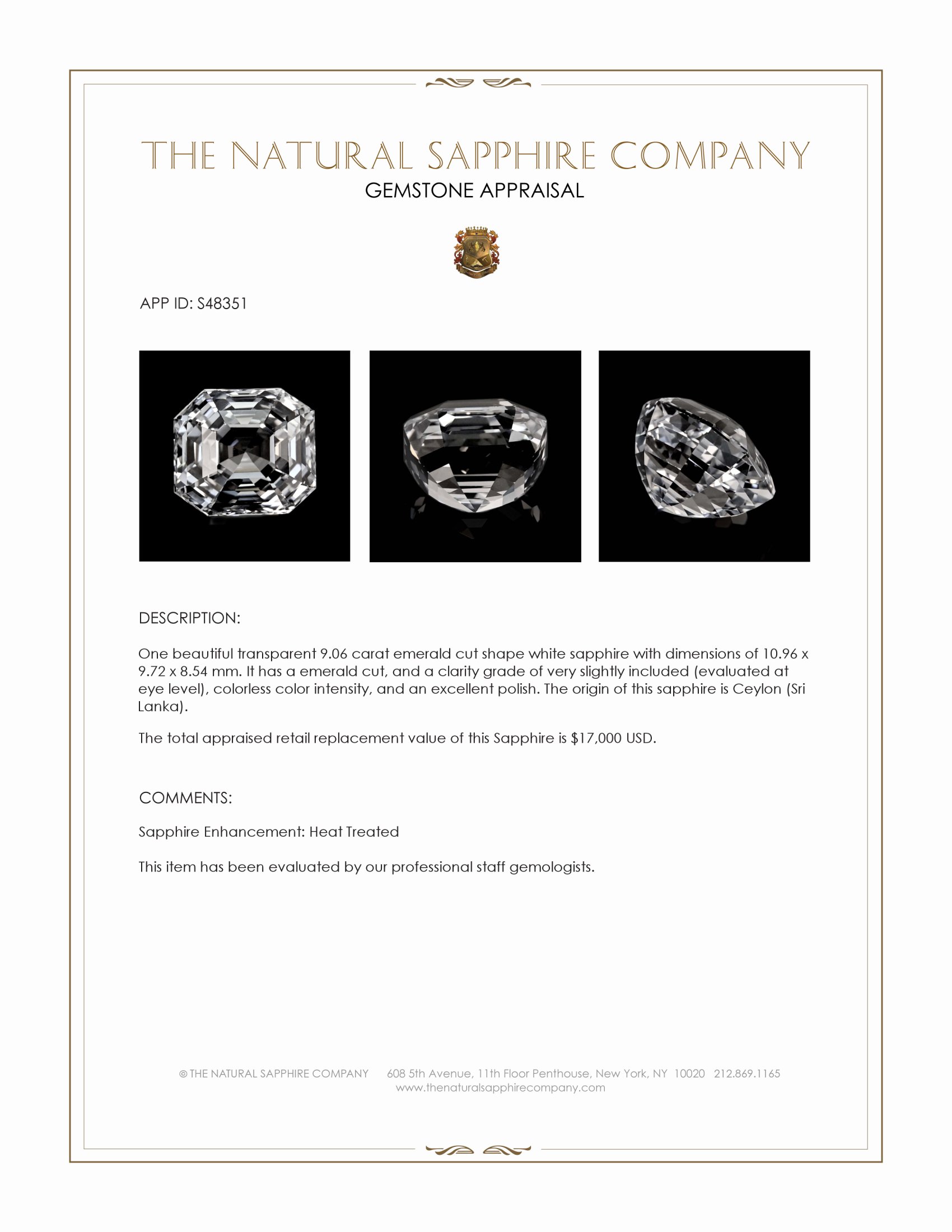 9.06 Ct. White Sapphire from Ceylon (Sri Lanka)