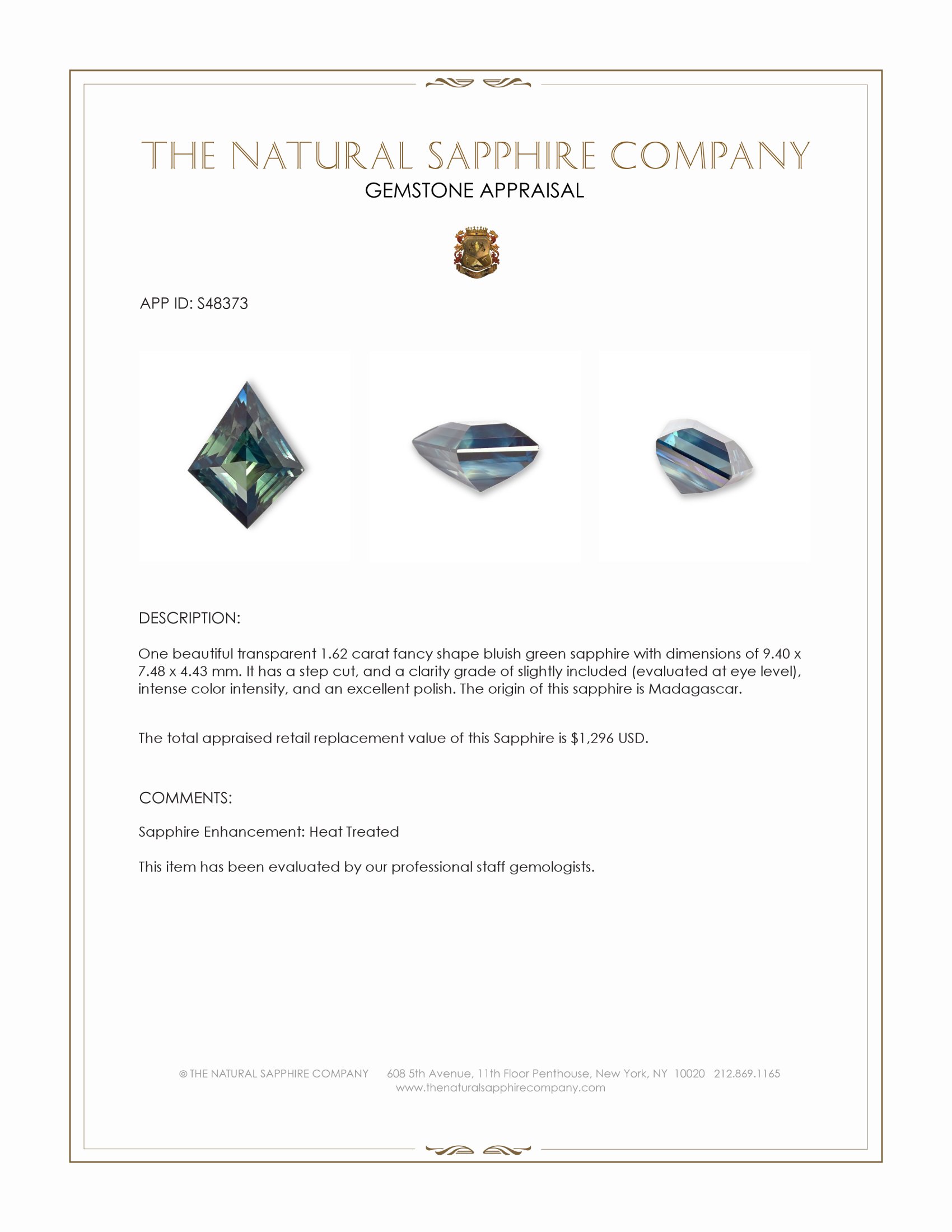 1.62 Ct. Bluish Green Sapphire from Madagascar