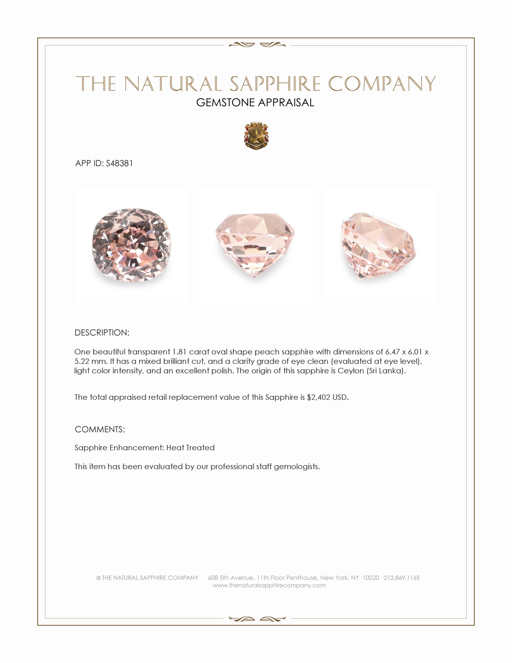 1.81 Ct. Peach Sapphire from Ceylon (Sri Lanka)