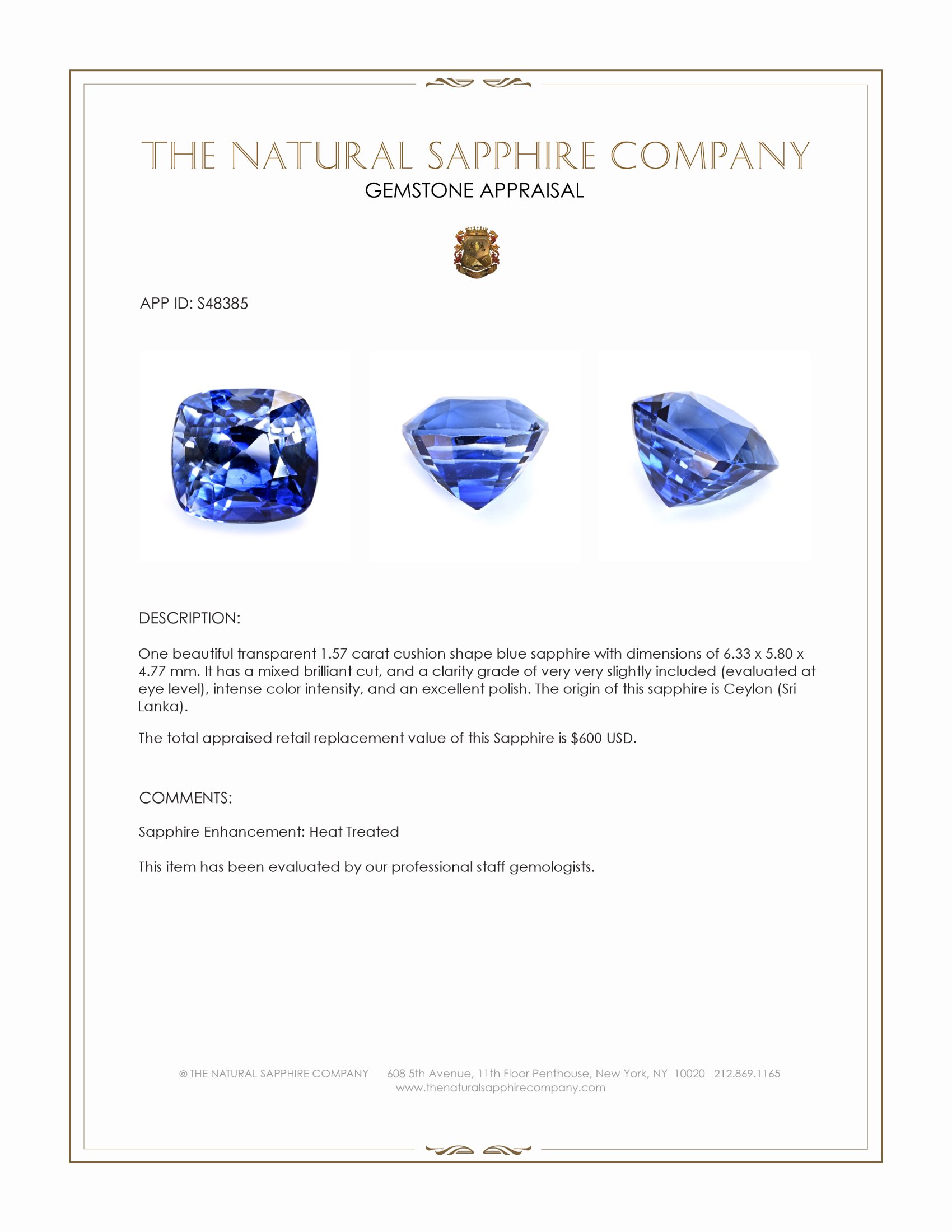 1.57 Ct. Blue Sapphire from Ceylon (Sri Lanka)