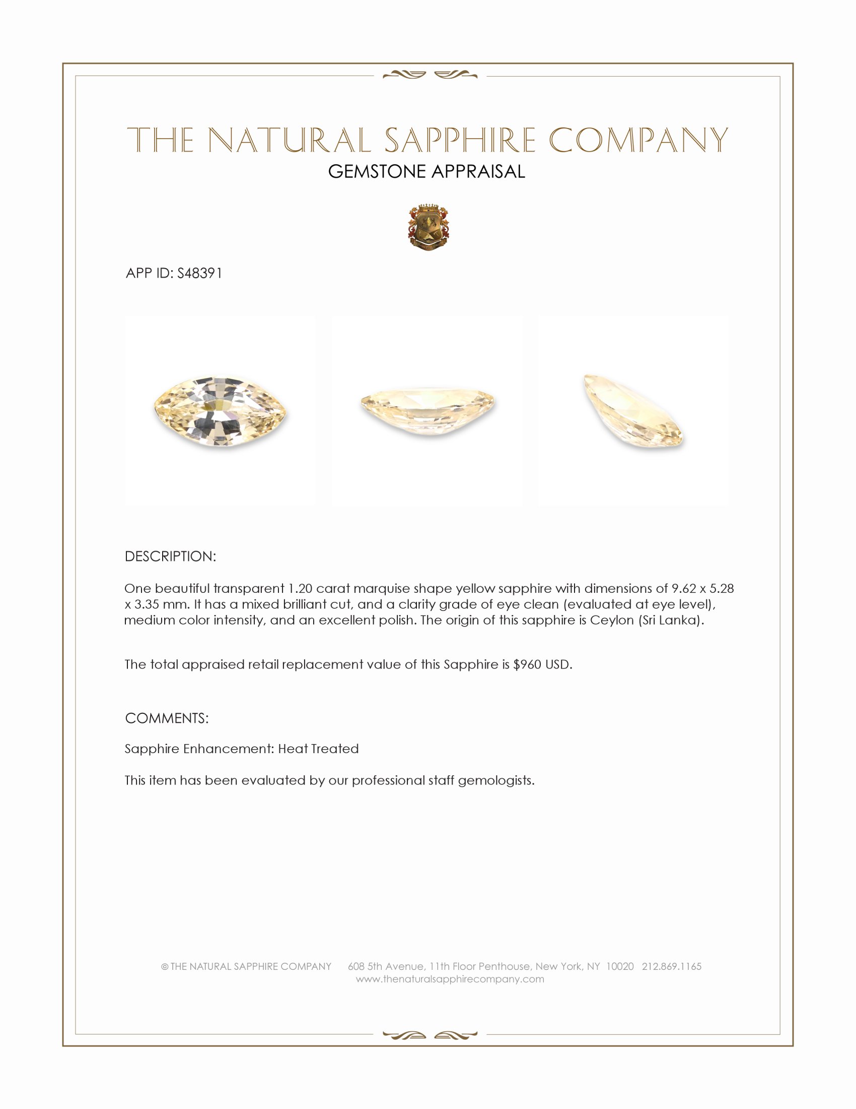 1.20 Ct. Yellow Sapphire from Ceylon (Sri Lanka)