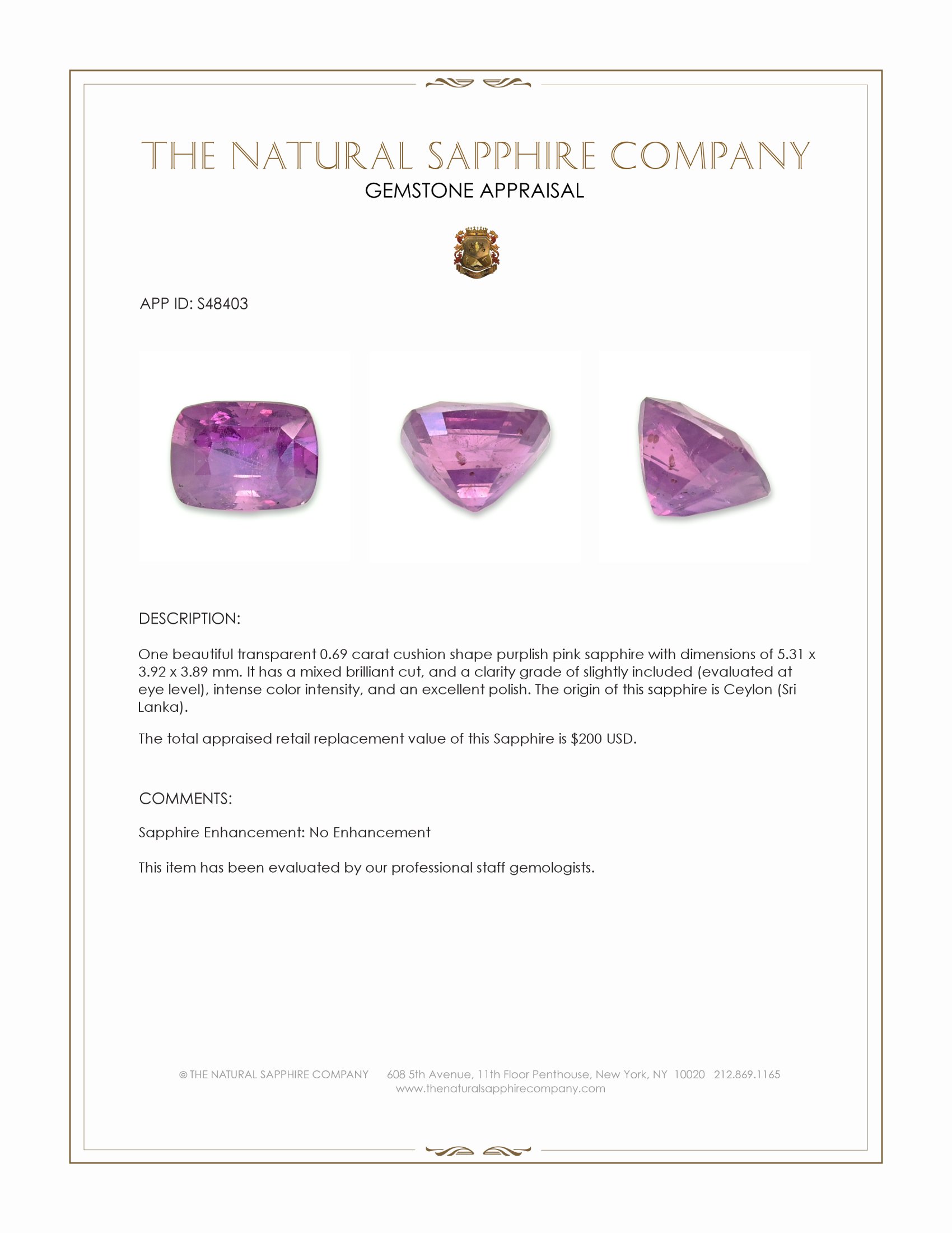 0.69 Ct. Purplish Pink Sapphire from Ceylon (Sri Lanka)