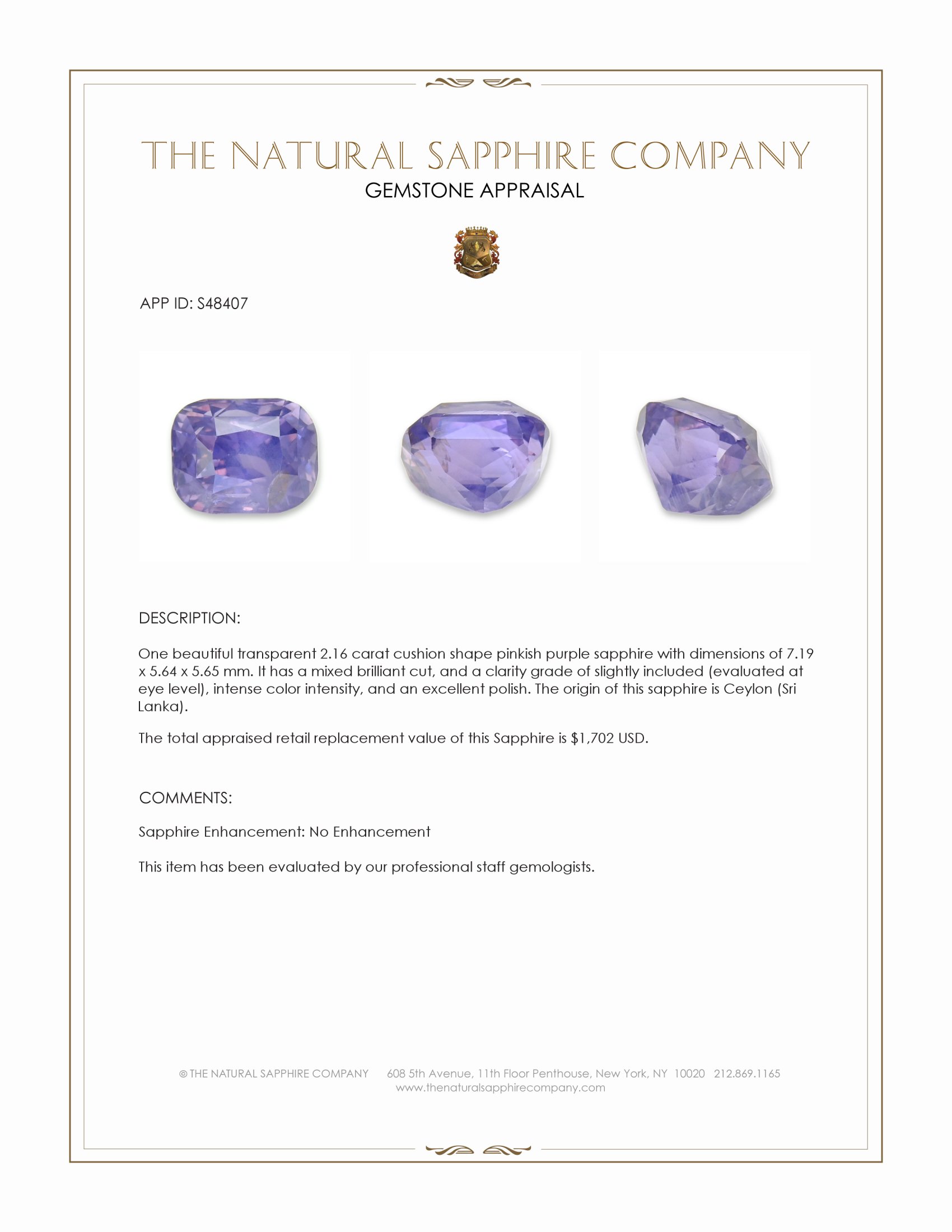 2.16 Ct. Pinkish Purple Opalescence Sapphire from Ceylon (Sri Lanka)