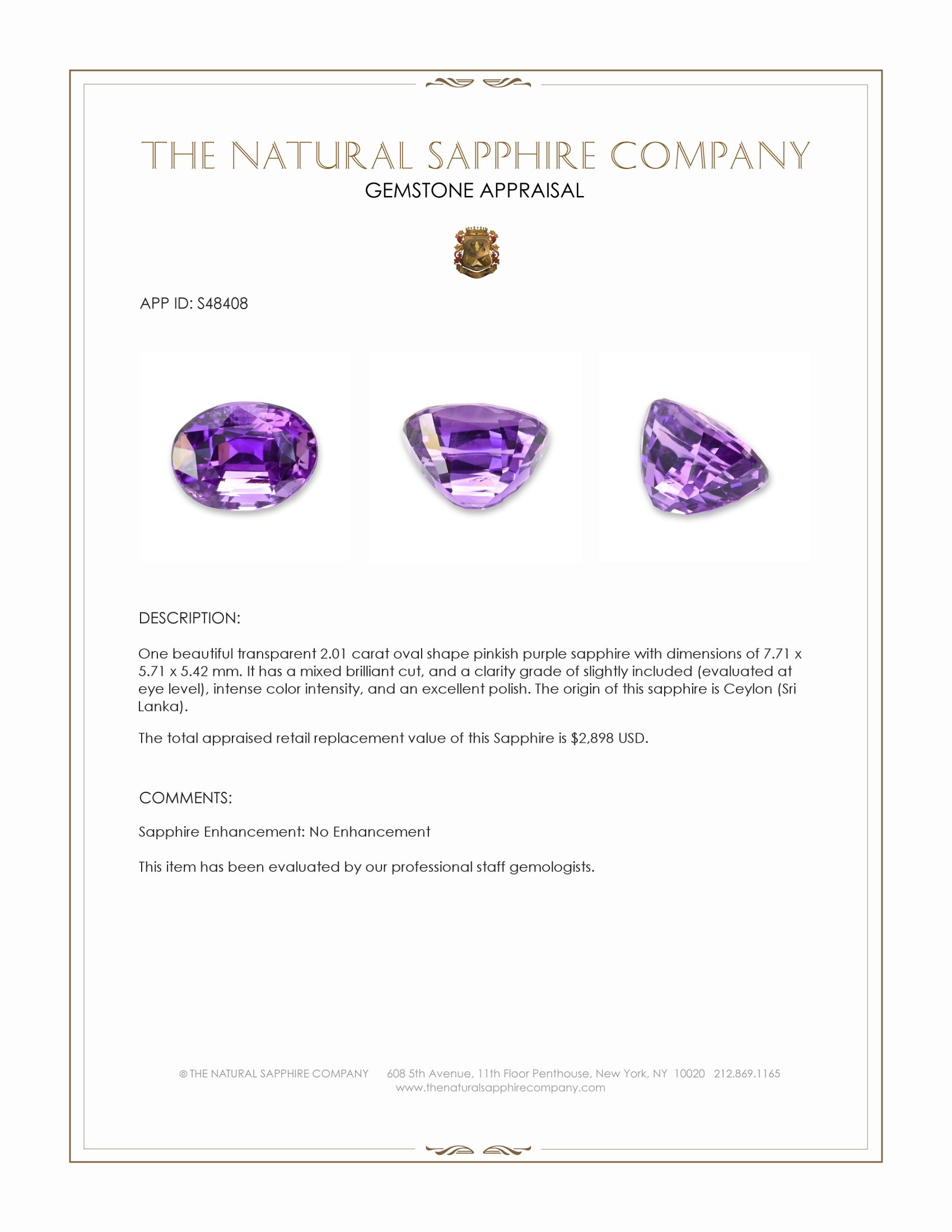 2.01 Ct. Pinkish Purple Sapphire from Ceylon (Sri Lanka)